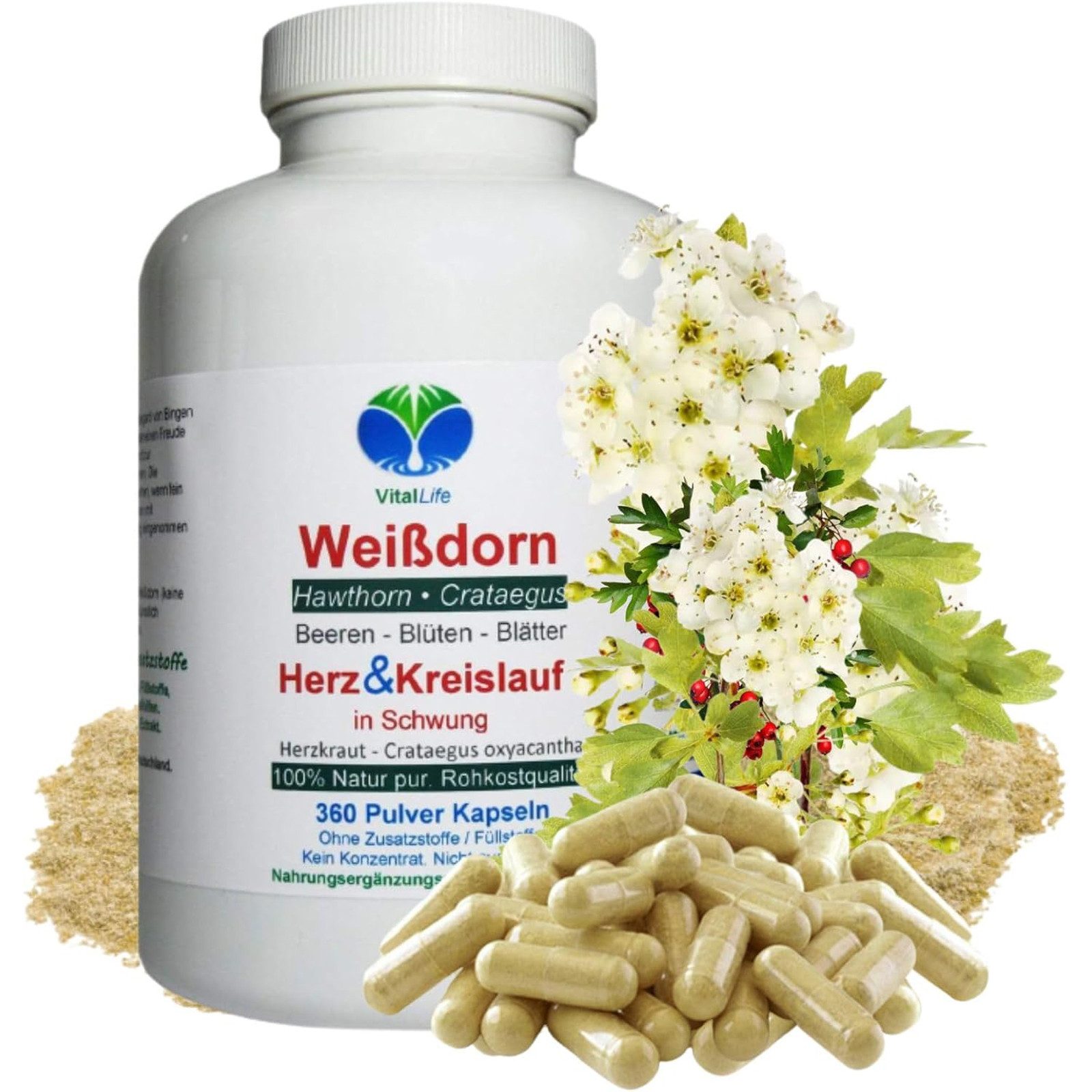VitalLife Weissdorn Blüten Blätter & Beeren naturreines Herzkraut ohne Zusätze Kapseln, 1 er Dose à 360 St., 173 g, Art. 27100-360