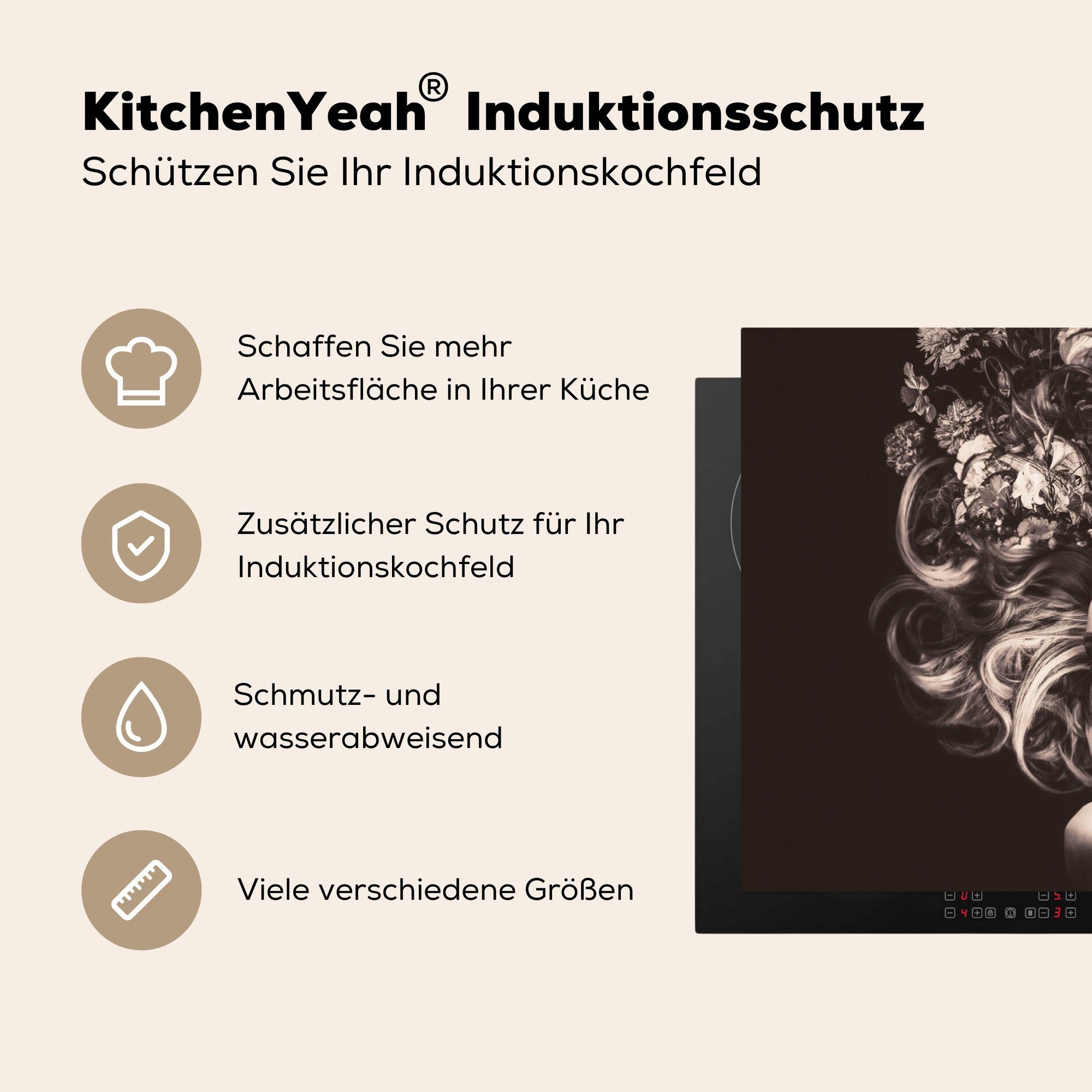Herdblende-/Abdeckplatte Ceranfeldabdeckung, (1 für Natur, Blumen Arbeitsplatte Vinyl, cm, - 81x52 - tlg), MuchoWow Frau küche