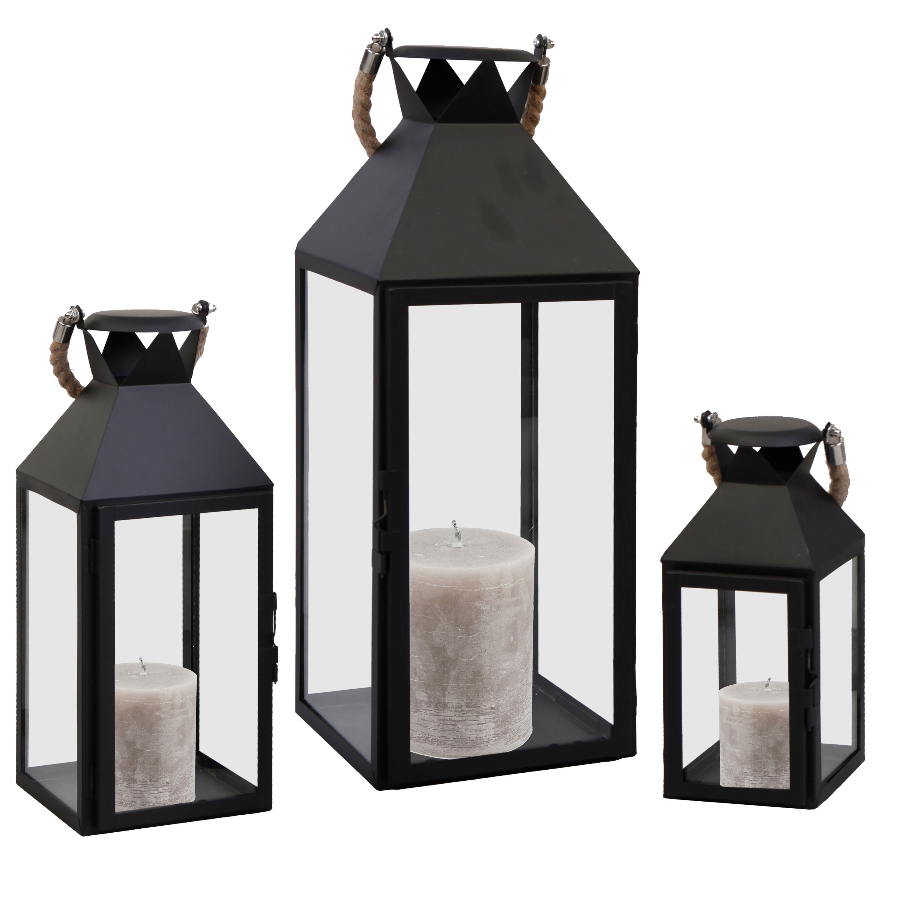 INDA-Exclusiv Laterne 3er Laternen Set Metall Gartenlaterne Windlicht Seilgriff 25/40/51cm