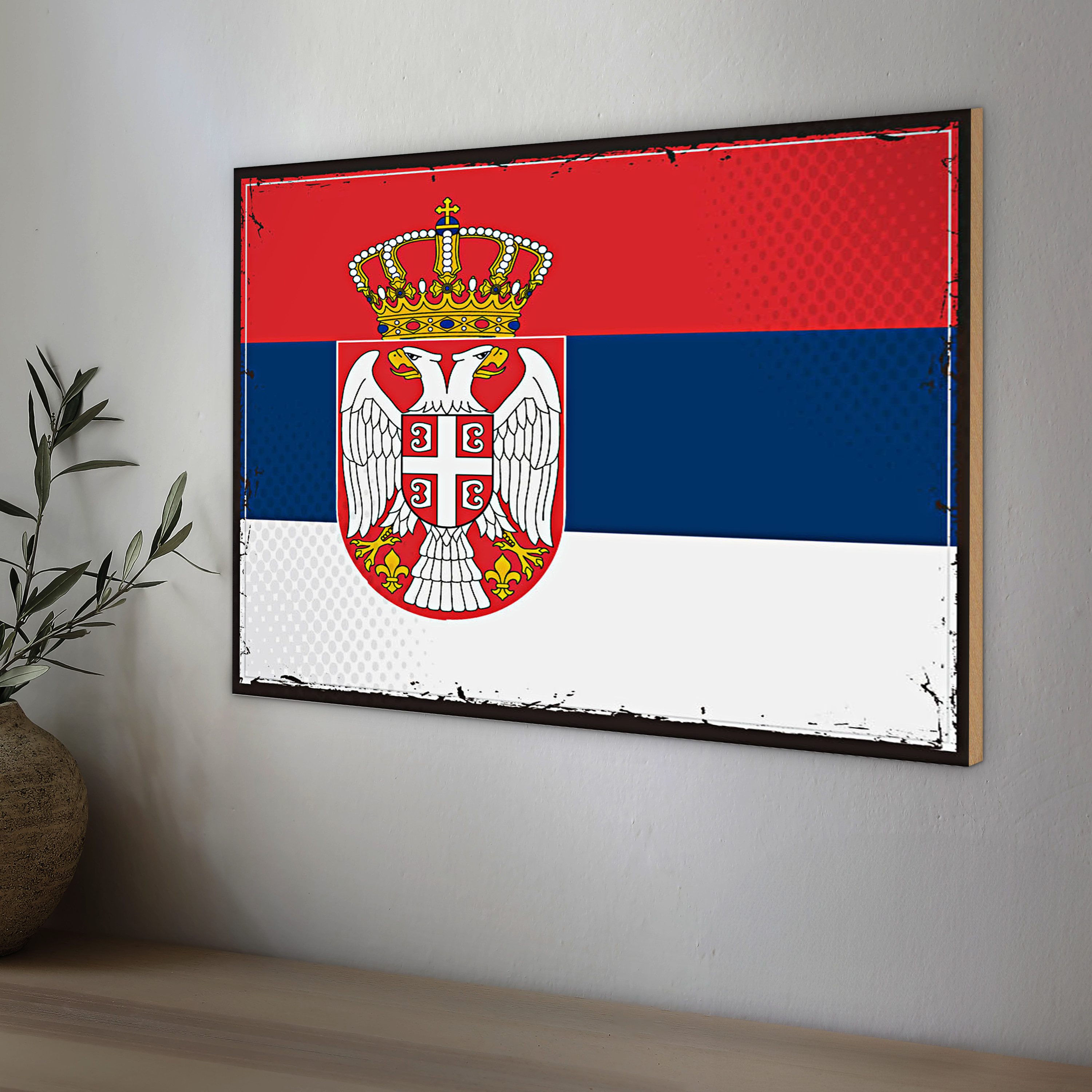 Roomando Holzbild Flagge Serbien 40x30cm Retro Flag of Serbia