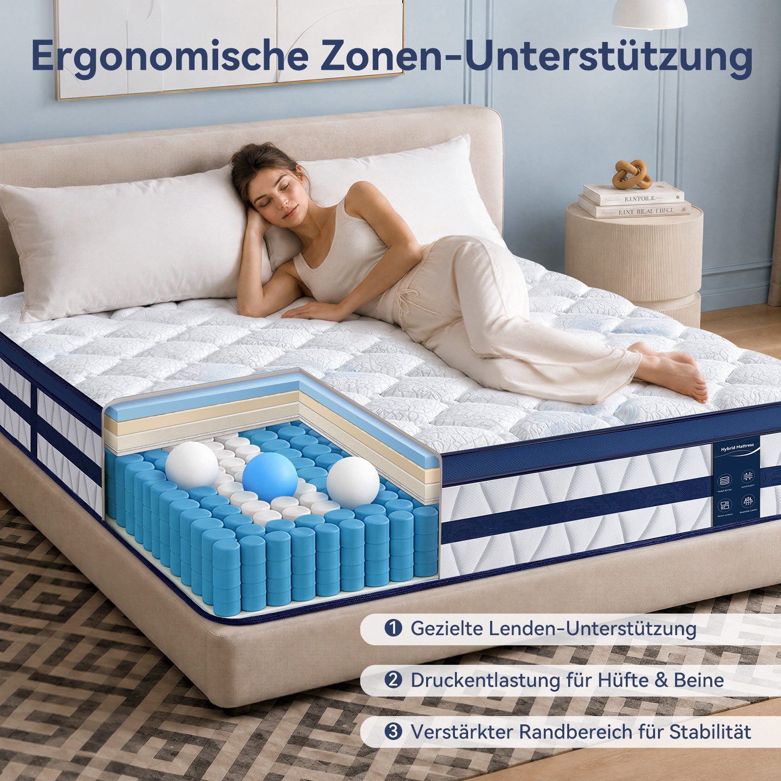 Taschenfederkernmatratze 7-Zonen Taschenfederkernmatratze Hybridmatratze-OEKO‑TEX® H3/H4, Niceluck, 26 cm hoch, Atmungsaktiv, kühlend, punktelastisch, 12‑Schichten