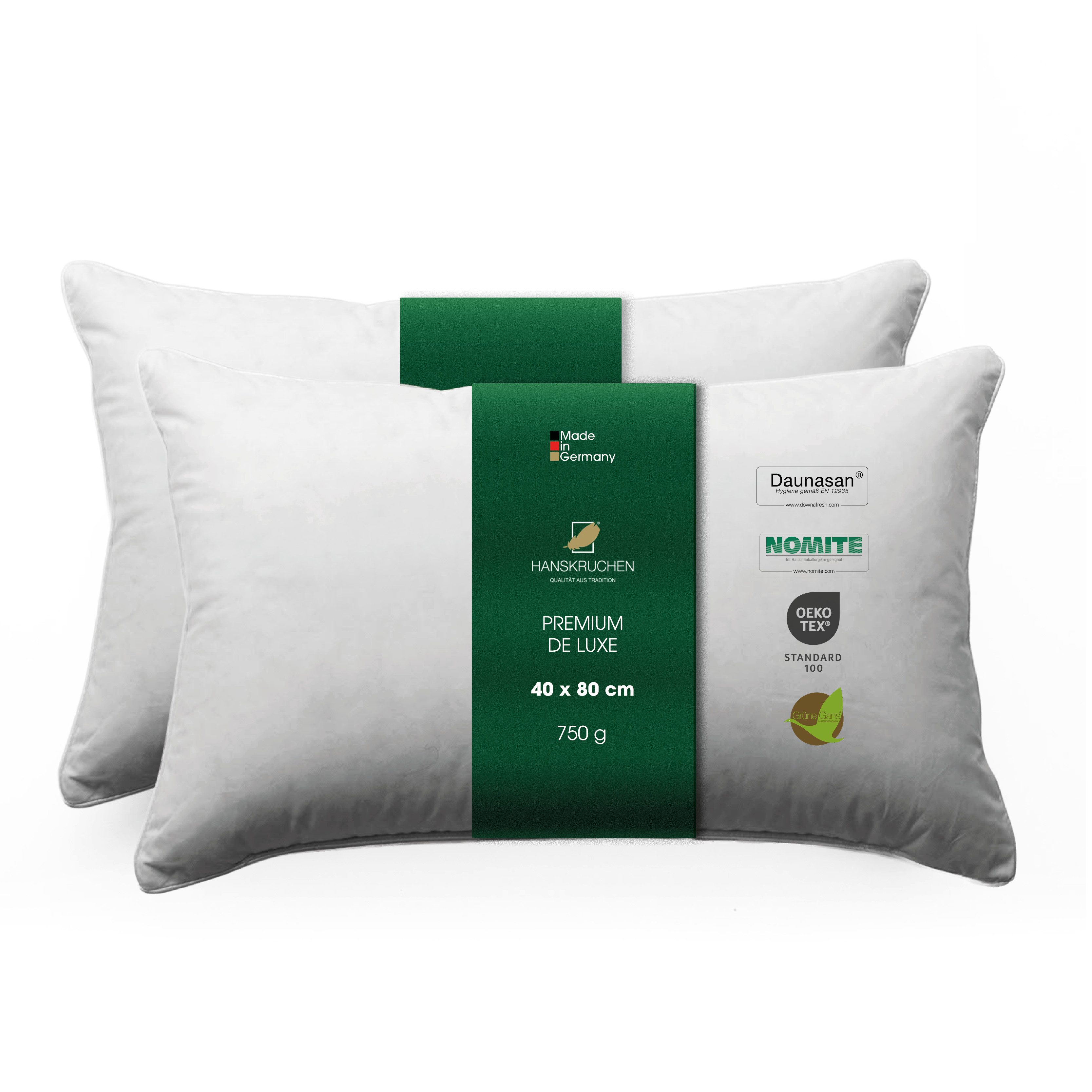 HANSKRUCHEN 3-Kammer-Kopfkissen HANSKRUCHEN Premium de Luxe Daunenkissen 40×80 cm  2er-Pack