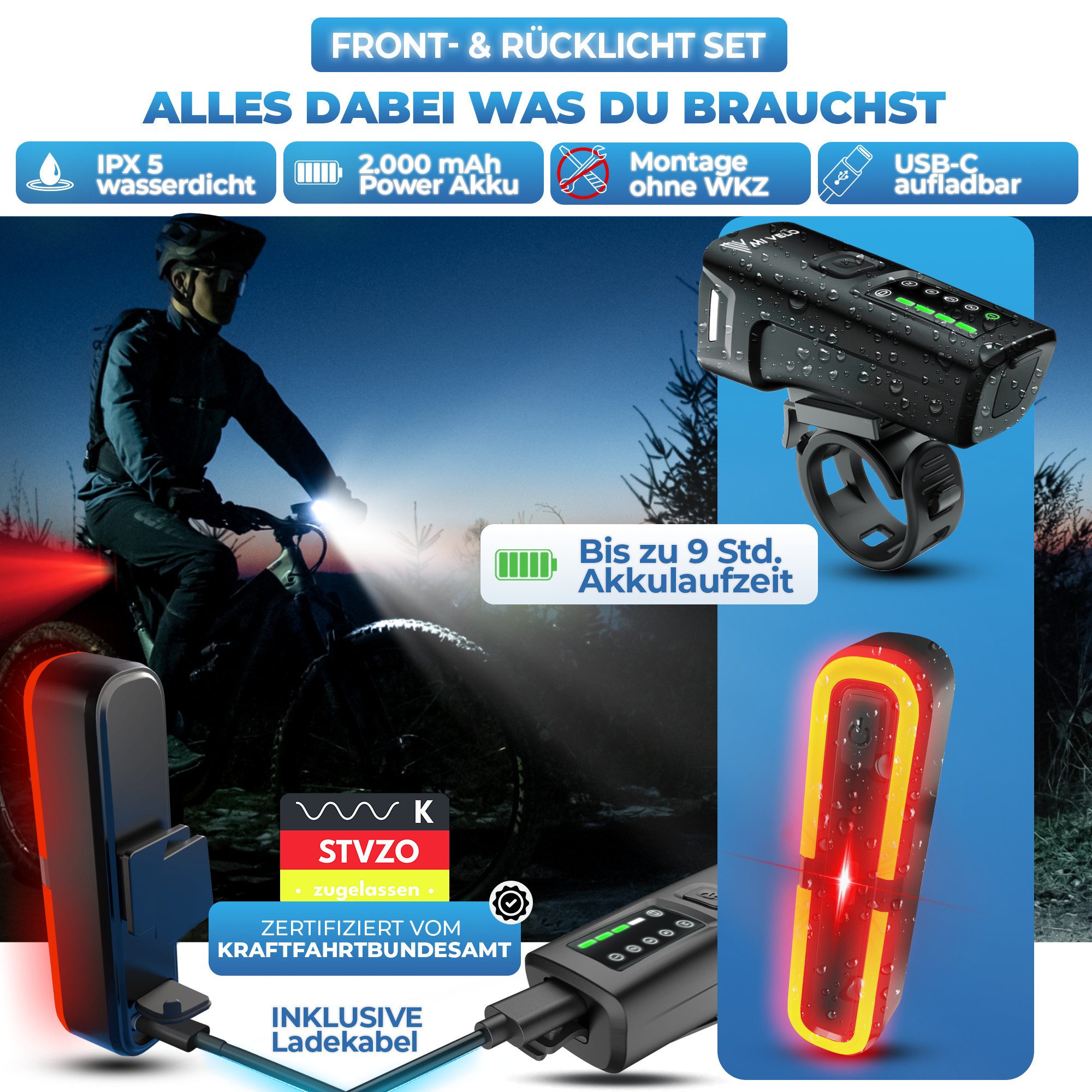 MIVELO Fahrradbeleuchtung SMART Fahrradlicht Set LED 100 LUX - Akku USB aufladbar