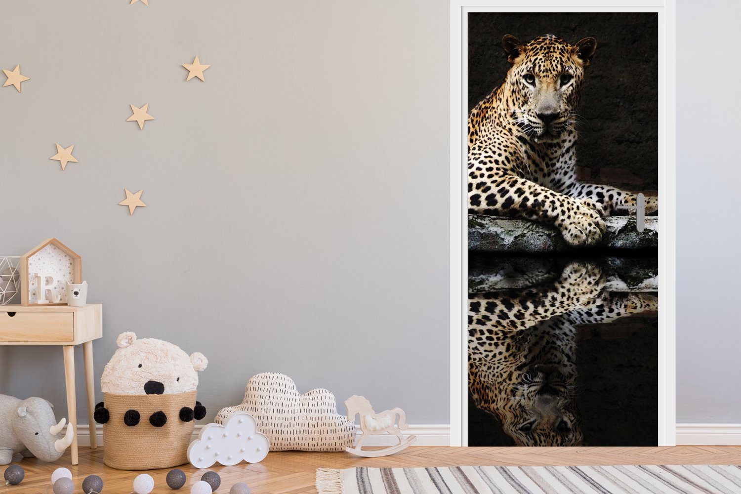 Wasser Leopard Türaufkleber, für Matt, Wald, bedruckt, Türtapete Tür, - 75x205 MuchoWow St), - Fototapete (1 cm