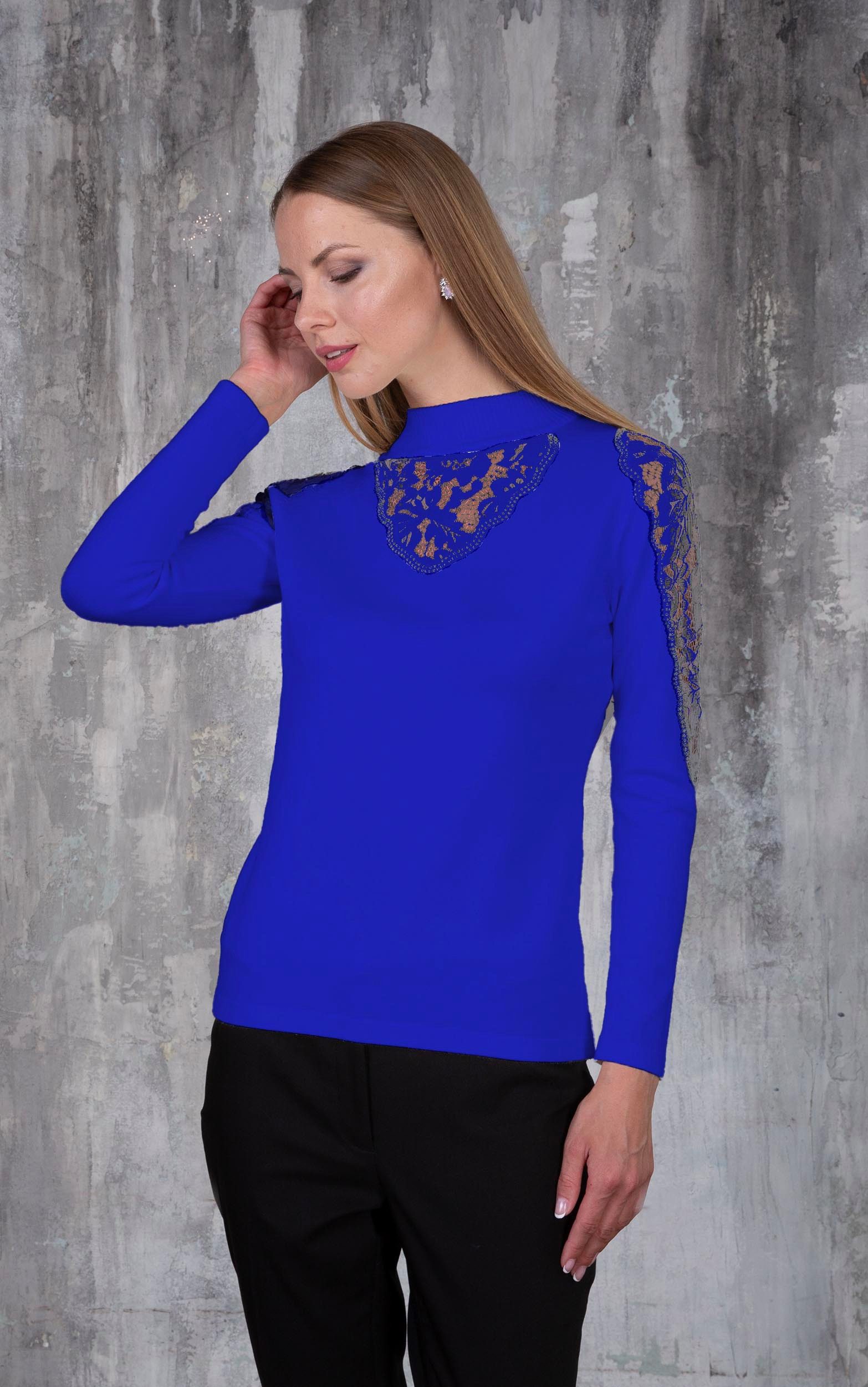 Passioni Strickpullover mit Stehkragen und Spitzendetails günstig online kaufen