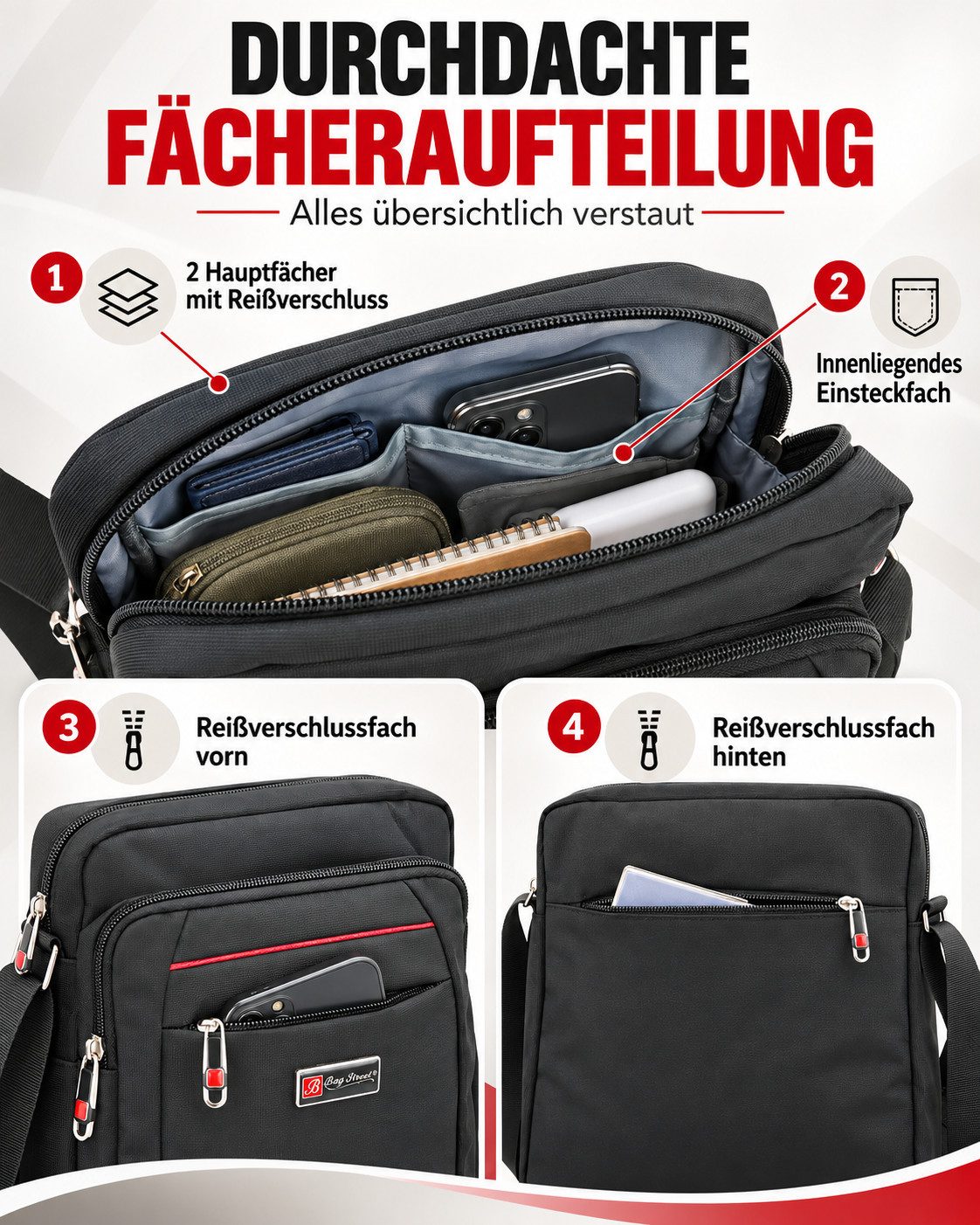 BAG STREET INTERNATIONAL Messenger Bag - Crossover Umhängetasche Schultertasche Medium Size Nylon Schwarz, Leicht – Bild 4 von 5