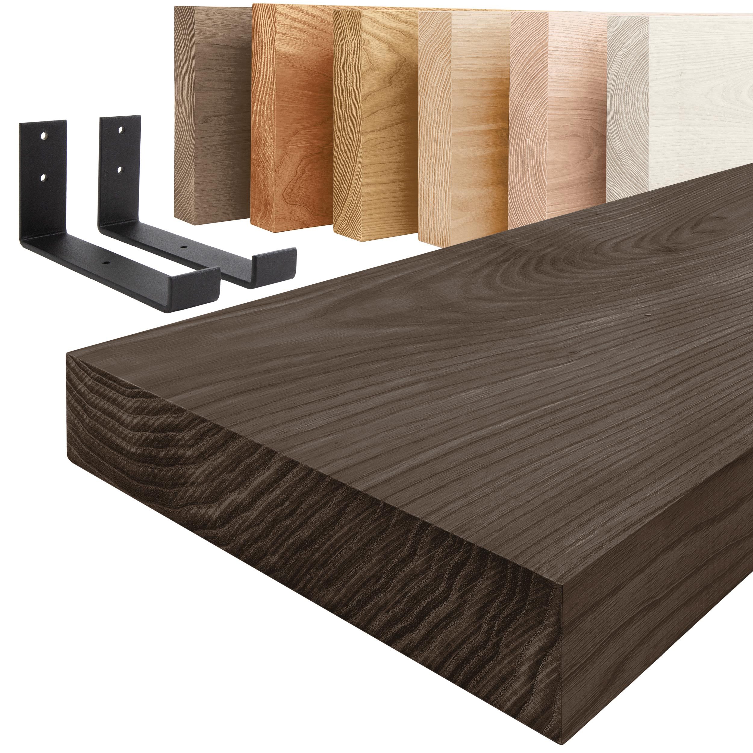 LAMO Manufaktur Wandregal Holz Gerade Regal Farbe: Schwarz mit schwarzem Industrial 40 cm, Komplett-Set, 40mm stake Massivholzplatte