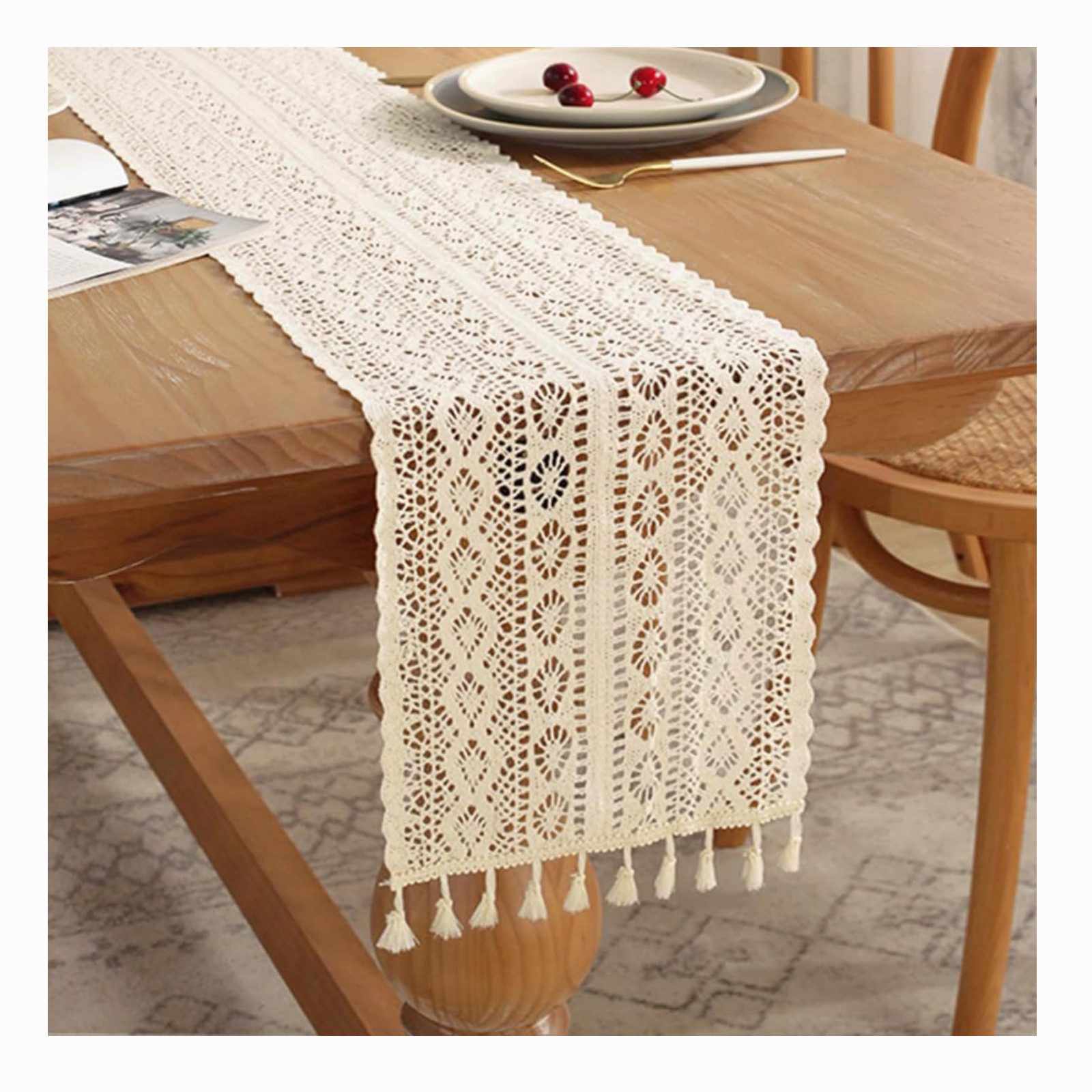 Agger Tischläufer Boho Tischläufer Vintage mit Fransen Tischdecke Tischläufer aus Spitze, für Couchtisch, Esstisch, Hochzeit, Partys