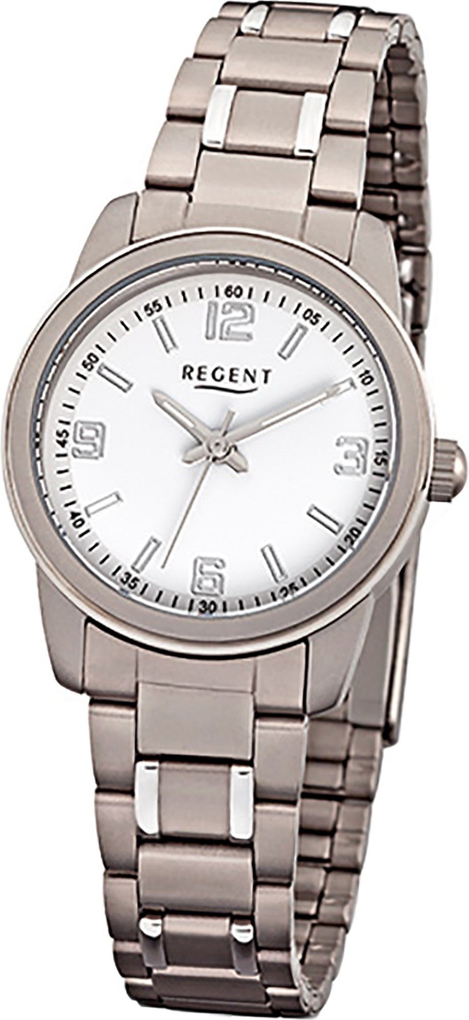 Regent Quarzuhr Regent Titan Damen Uhr F-1084 Quarzuhr, Damenuhr Titanarmband silber, grau, rundes Gehäuse, klein (ca. 27mm)