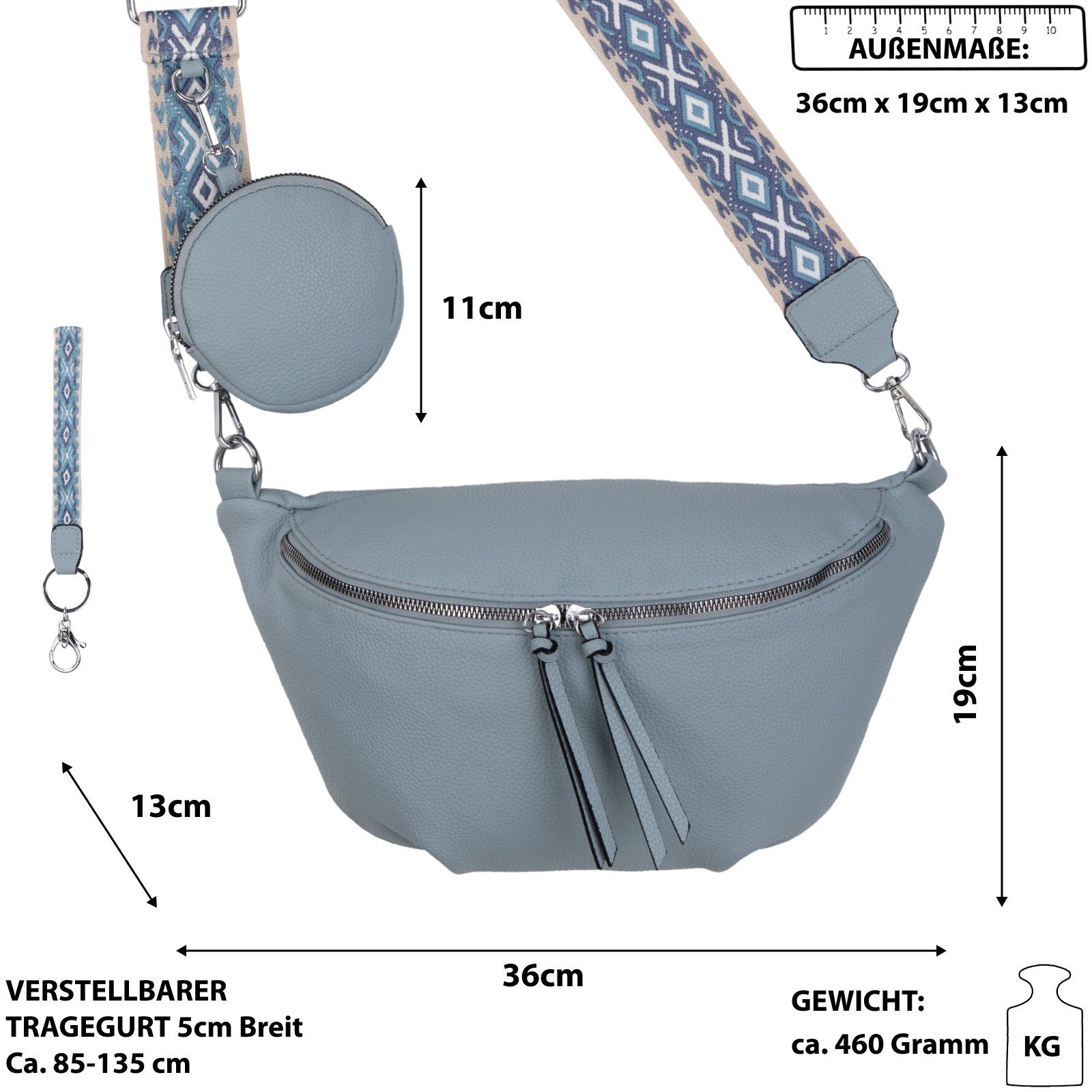 Schultertasche, CrossOver, Umhängetasche Kunstleder Hüfttasche Crossbody-Bag Gürteltasche Umhängetasche EAAKIE L.BLUE tragbar Bauchtasche als Italy-D,