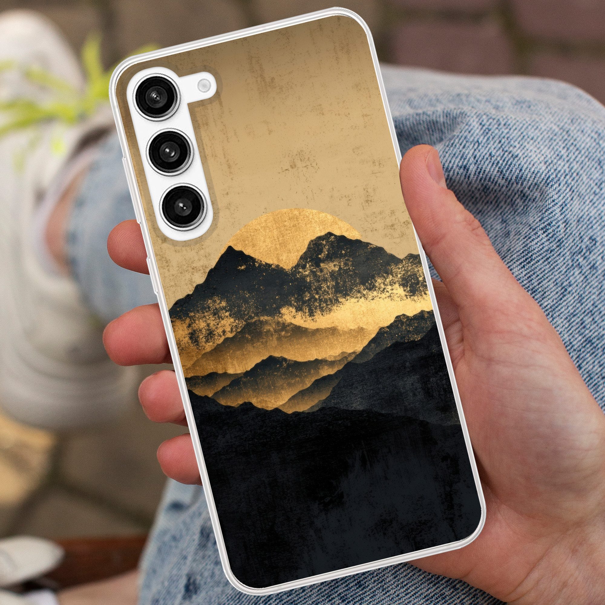 MuchoWow Handyhülle für Samsung Galaxy S23 Plus Goldene Berge bei Mondschein, Phone Case, Silikon, Schutzhülle Dünn
