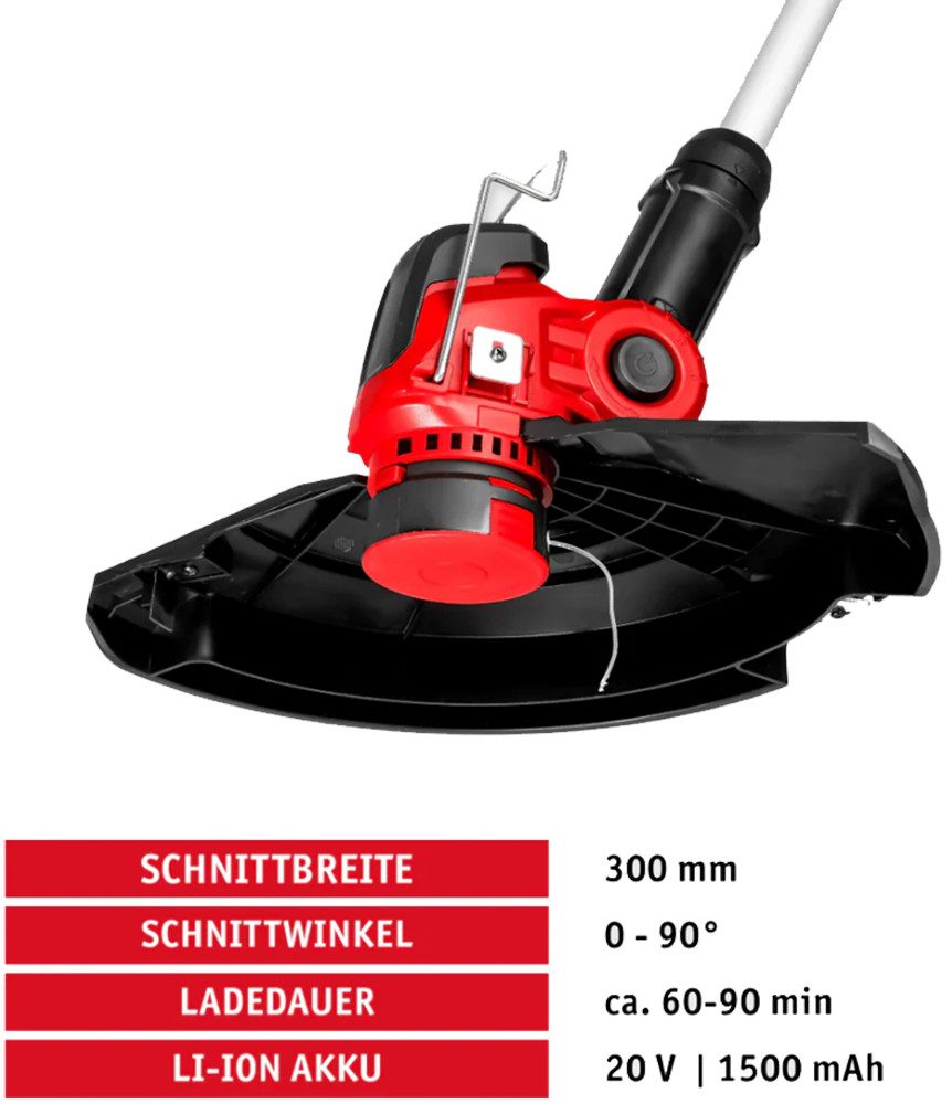 WALTER Akku-Rasentrimmer 20V Akku Rasentrimmer Rasenkantenschneider Rasen Trimmer inkl. Akku, Schnittwinkel: 0-90°