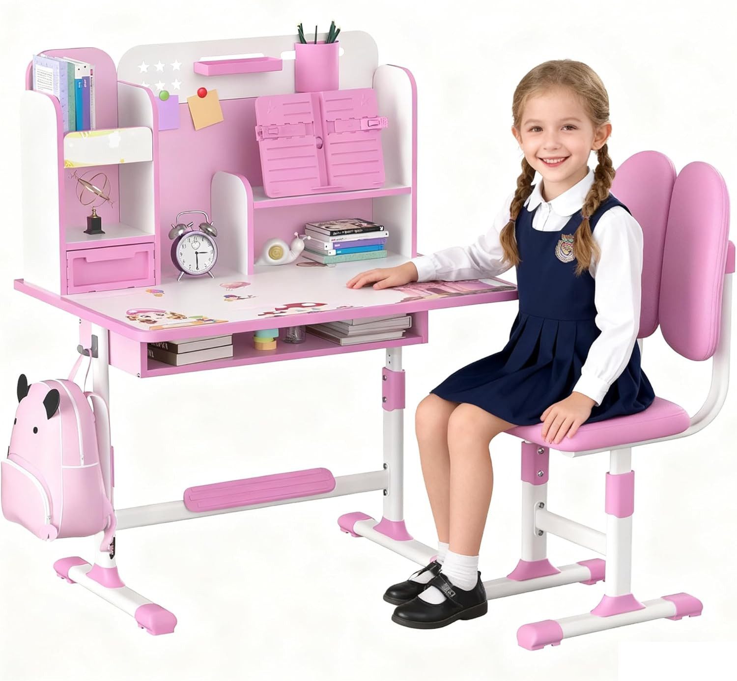 Rutaqian Kinderschreibtisch Kinderschreibtischstuhl mit Bücherständer,Höheverstellbar 65 und 71cm (Schreibtisch Mädchen ab 6 jahren, 1-St., ergonomischer Kids Schreibtisch und Stuhlset für Kinder), mit Stuhl & Schublade,Kinder Schüler Schreibtisch für Jungs & Mädchen