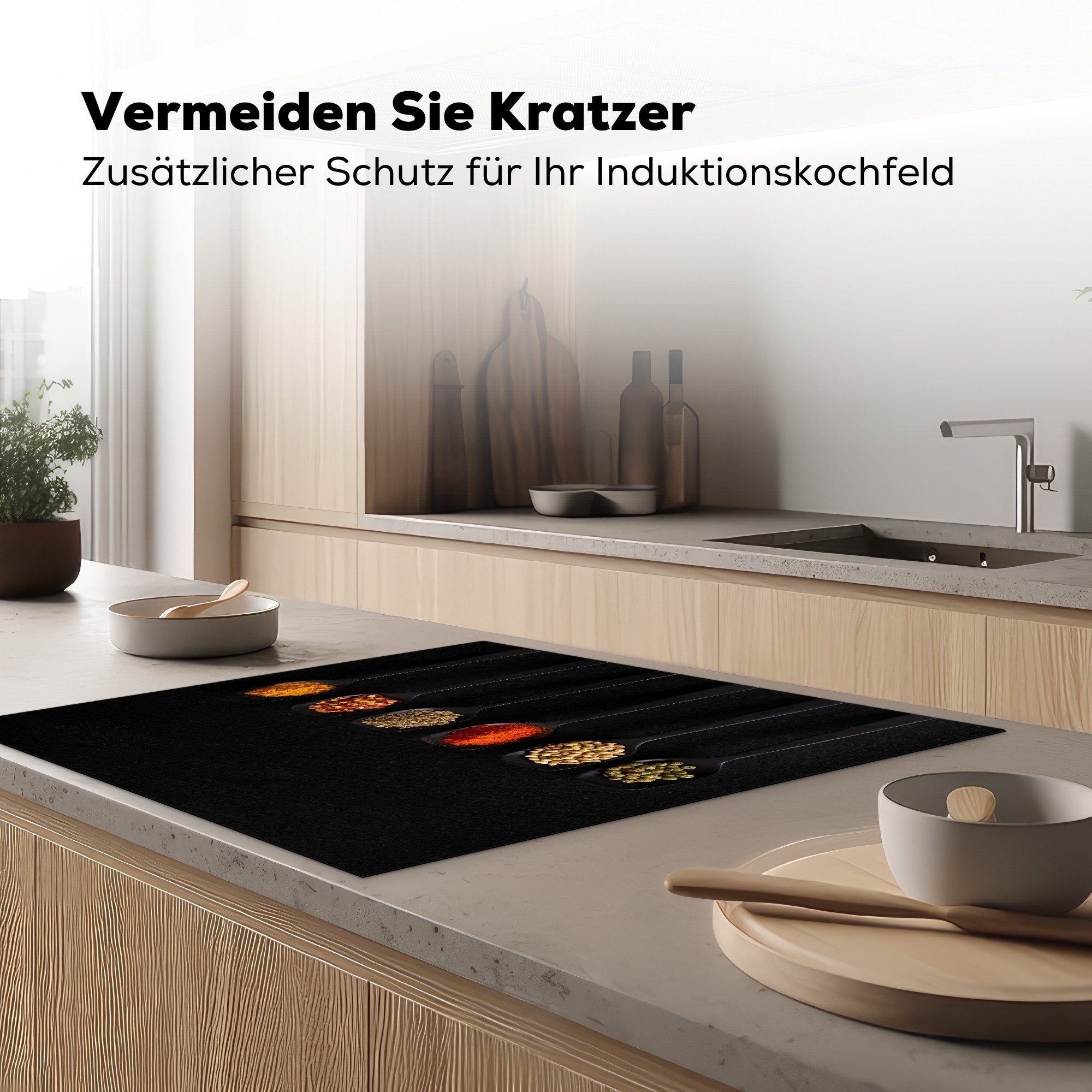 MuchoWow Herd-Abdeckplatte Löffel - Gewürze - Schwarz - Gewürze - Rustikal, Vinyl, (1 tlg), Küche Herdabdeckung Ceranfeld Induktionsfeld Vinyl, 60x60 cm