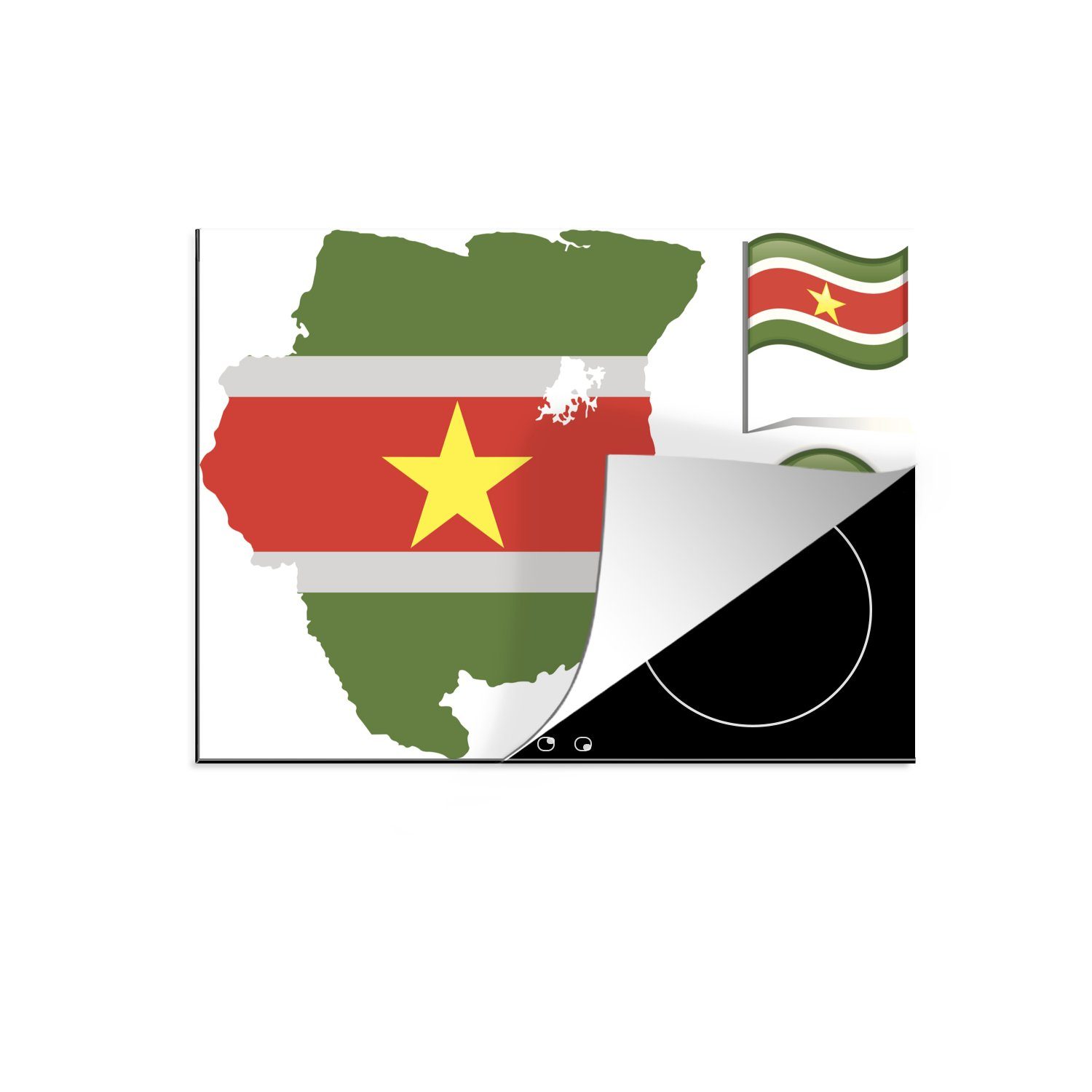 MuchoWow Herdblende-/Abdeckplatte Eine Illustration von Suriname mit drei Flaggen und einer Karte, Vinyl, (1 tlg), 70x52 cm, Mobile Arbeitsfläche nutzbar, Ceranfeldabdeckung