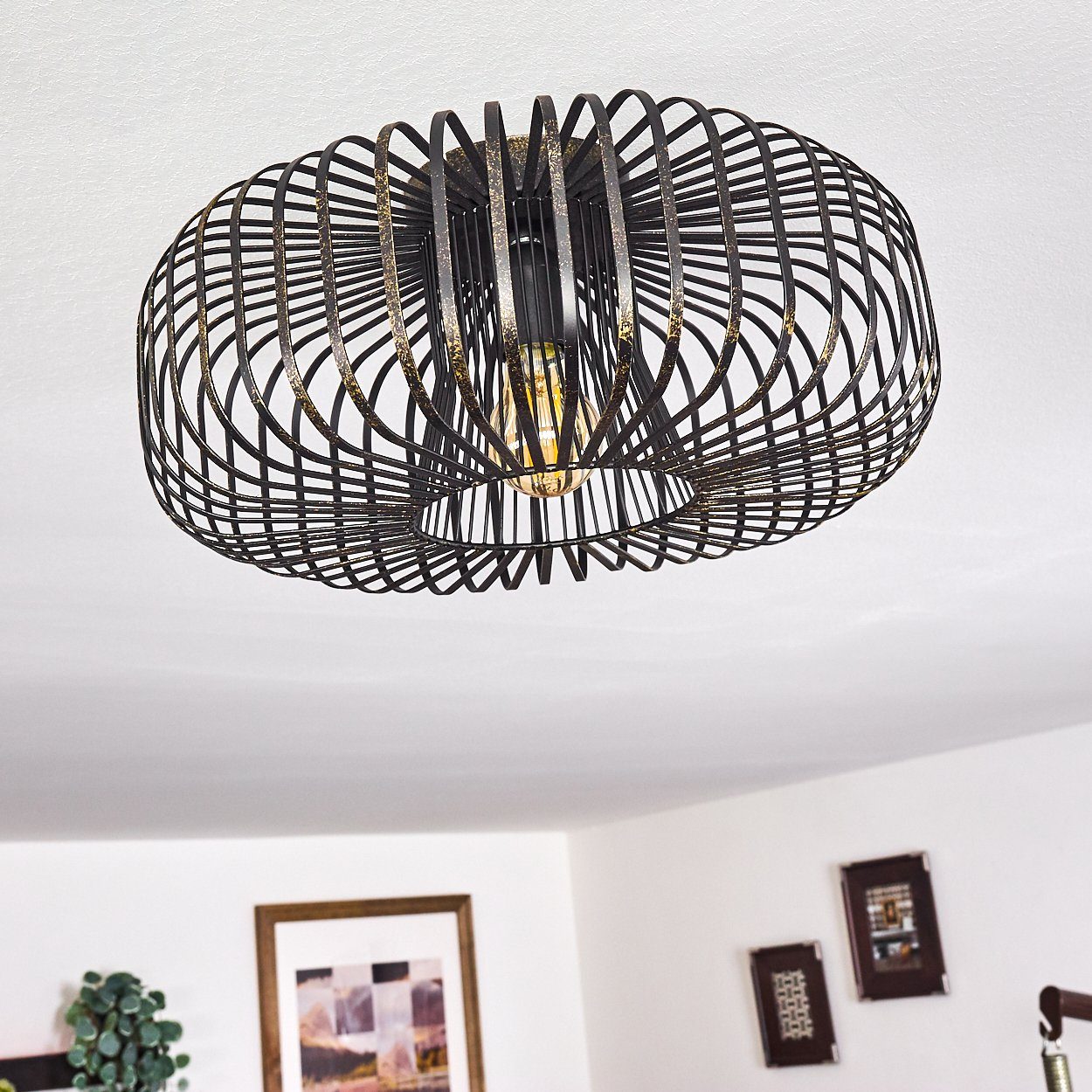 hofstein Deckenleuchte »Pieris« runde Deckenlampe aus Metall in Schwarz/Gold, ohne Leuchtmittel, E27, Retro-Leuchte mit Lichteffekt durch Gitter-Optik