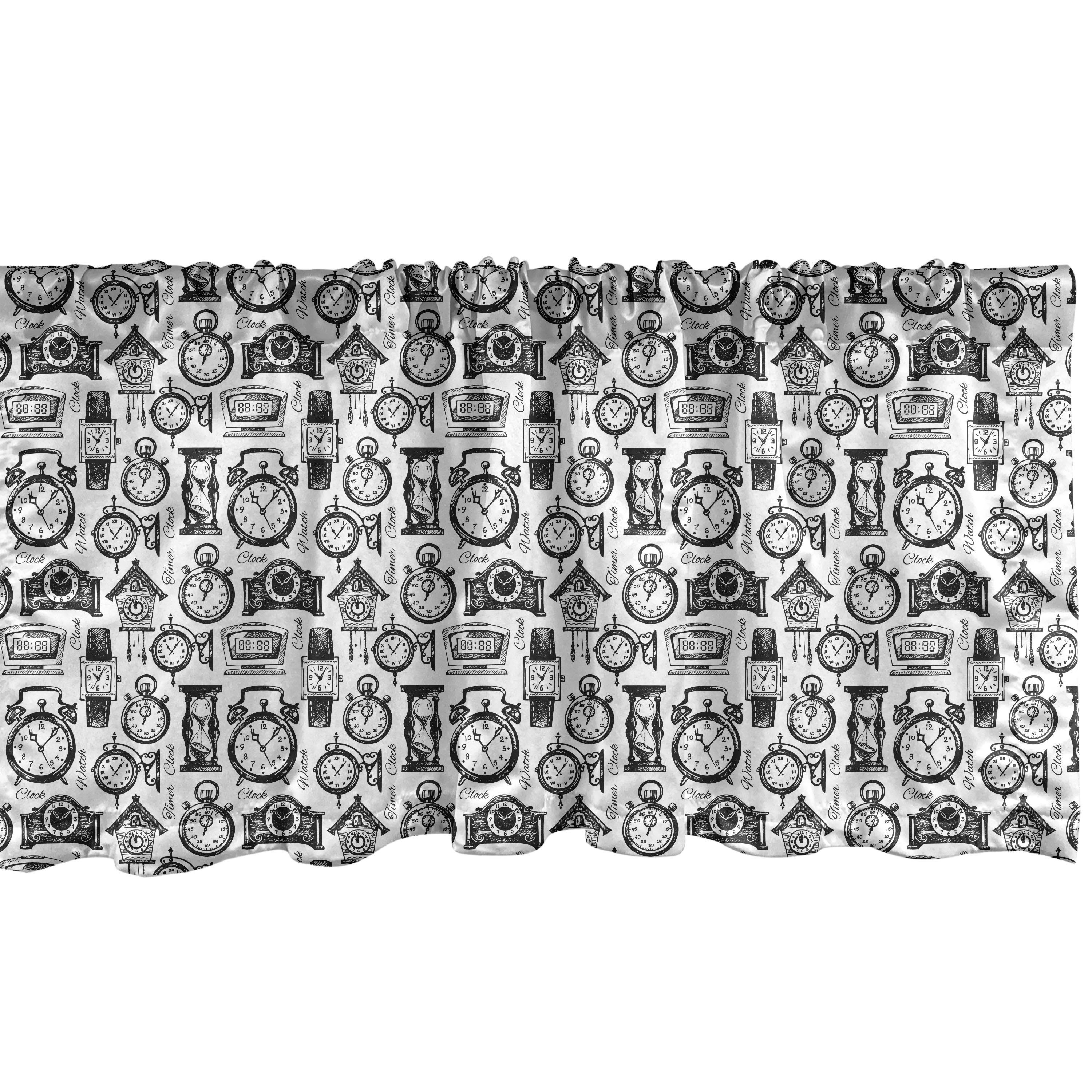 Scheibengardine Vorhang Volant für Küche Schlafzimmer Dekor mit Stangentasche, Abakuhaus, Microfaser, Jahrgang Hand Drawn Clocks