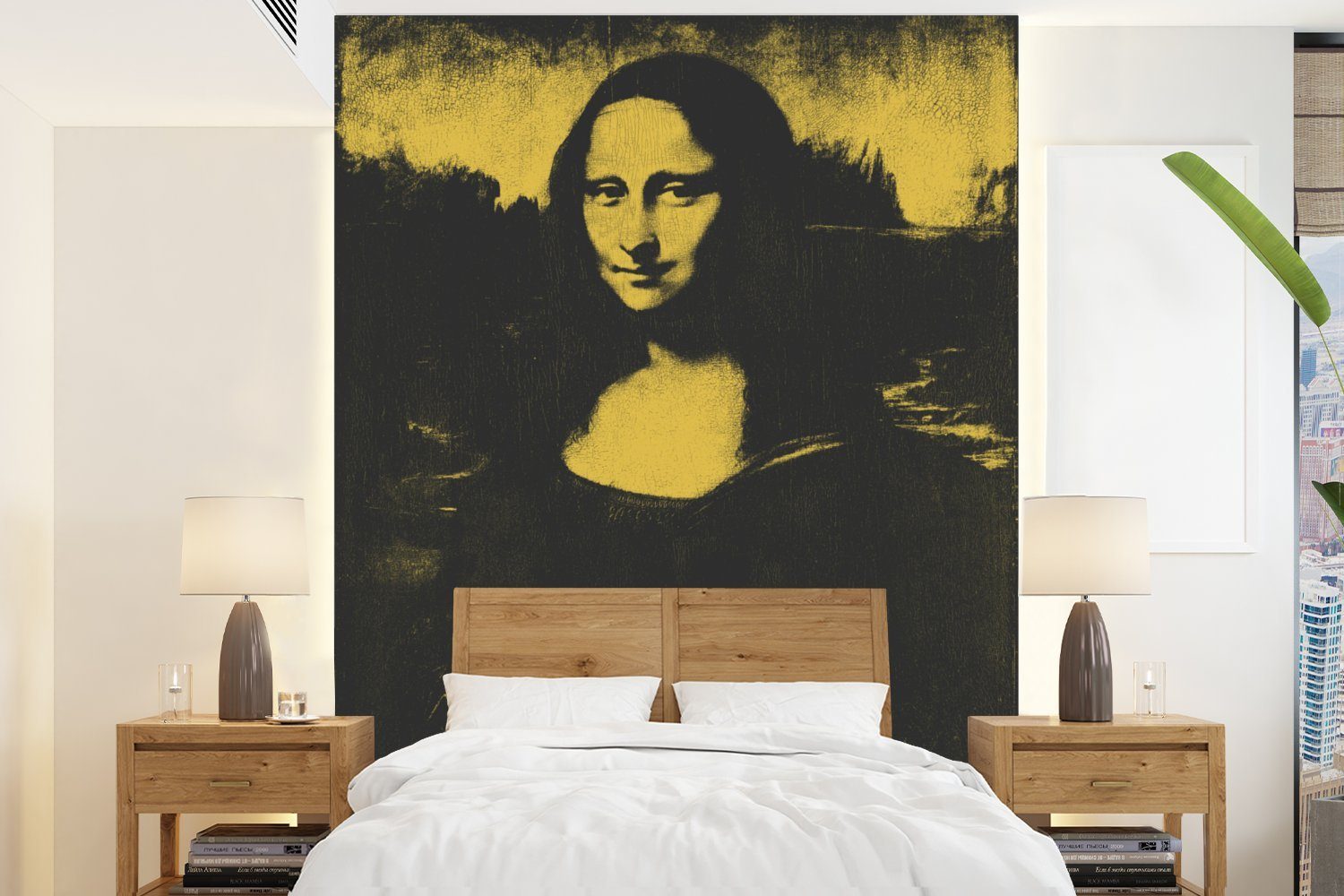 MuchoWow Fototapete Mona Lisa - Leonardo da Vinci - Schwarz - Gelb, Matt, bedruckt, (4 St), Montagefertig Vinyl Tapete für Wohnzimmer, Wandtapete