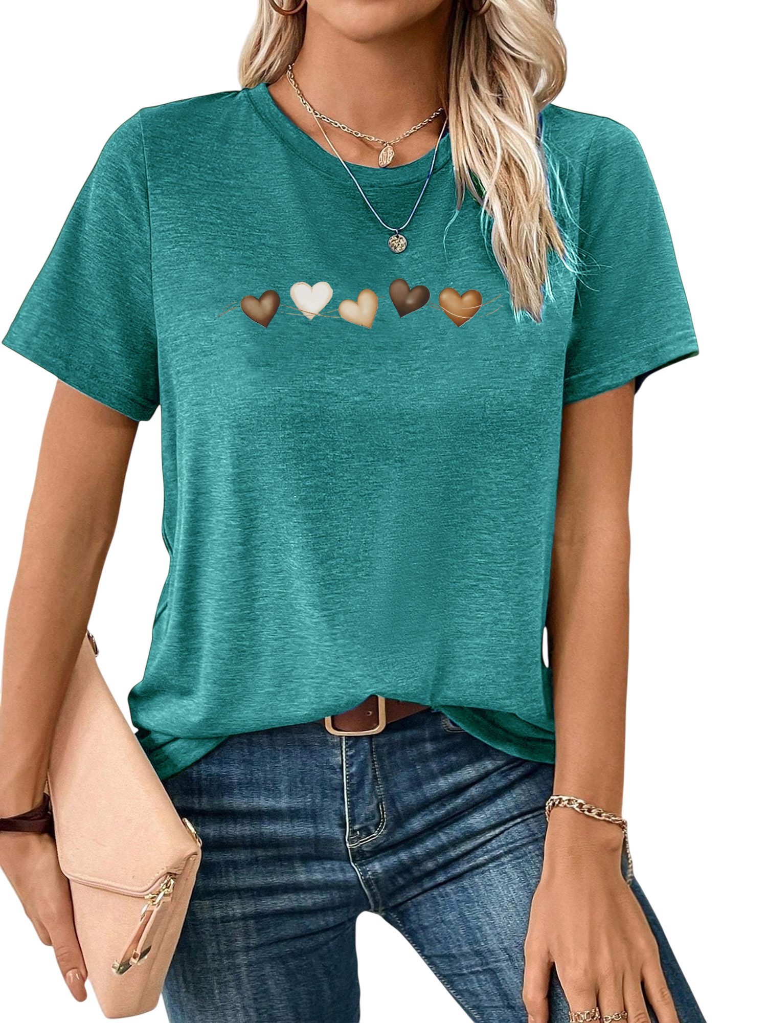 Rundhalsshirt Damen bequemes Sommer Kurzarmbluse Locker Liebe Print-Shirt
