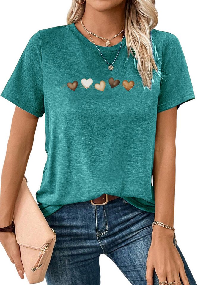 PYLIKE Rundhalsshirt Damen bequemes Sommer Kurzarmbluse Locker Liebe Print-Shirt Bequem für Freizeit und Büro,Strandurlaub