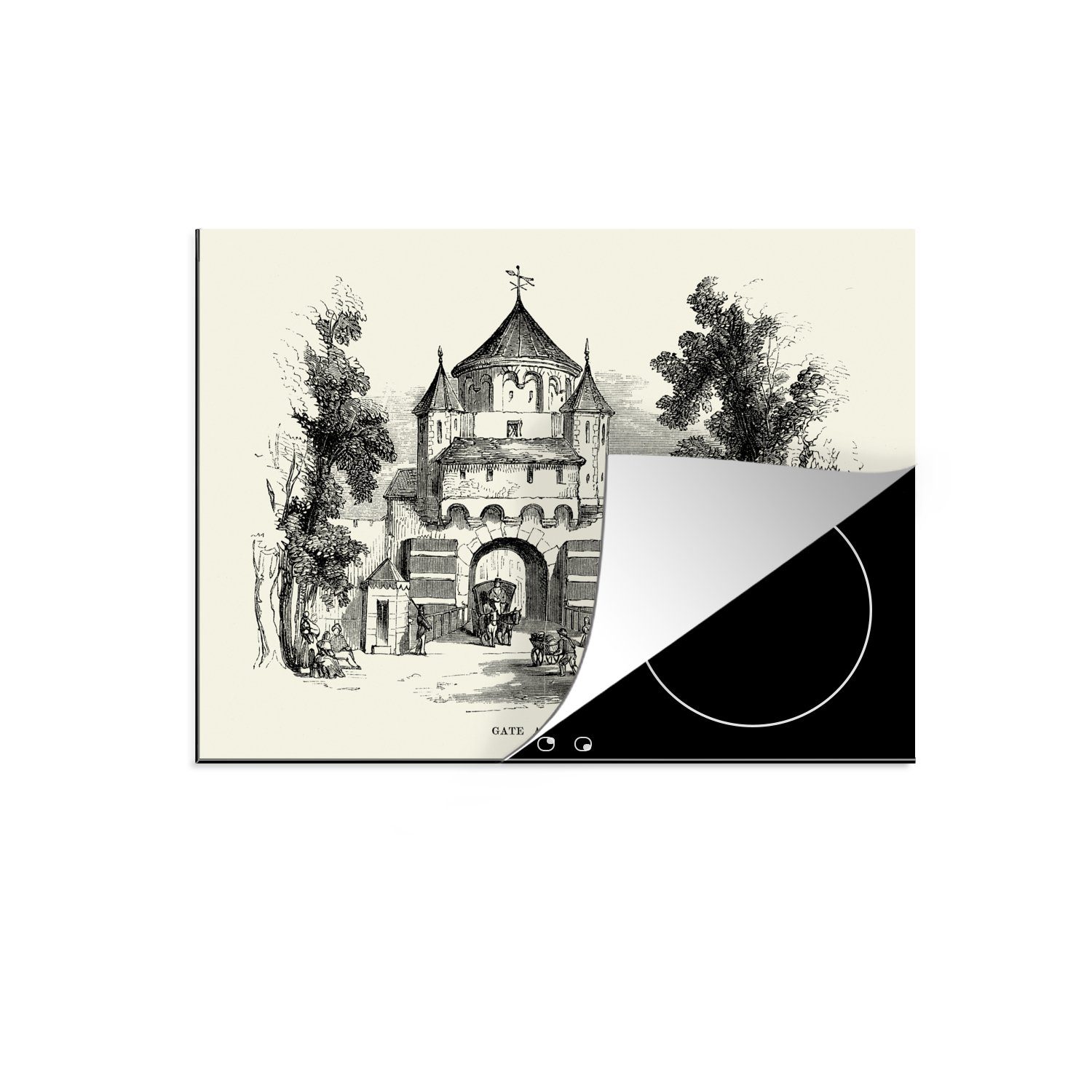 MuchoWow Herdblende-/Abdeckplatte Schwarz-Weiß-Abbildung des Amsterdamer Stadttors in Haarlem, Vinyl, (1 tlg), 70x52 cm, Mobile Arbeitsfläche nutzbar, Ceranfeldabdeckung