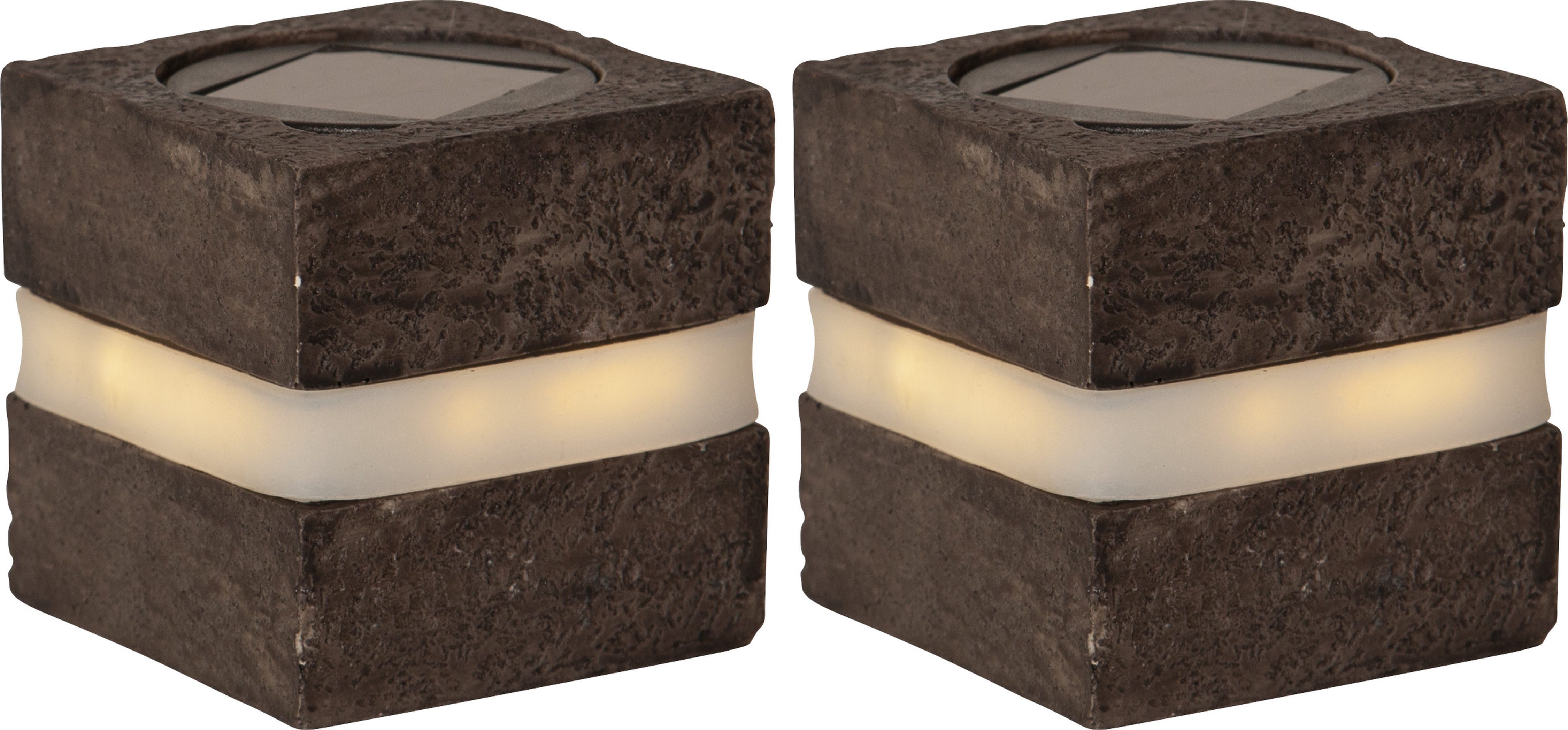 STAR TRADING LED Solarleuchte Solar-Dekoration Stonecube, Tageslichtsensor, LED fest integriert, Warmweiß, 2er-Set Solar-Leuchtsteine, Steinoptik, Dämmerungssensor