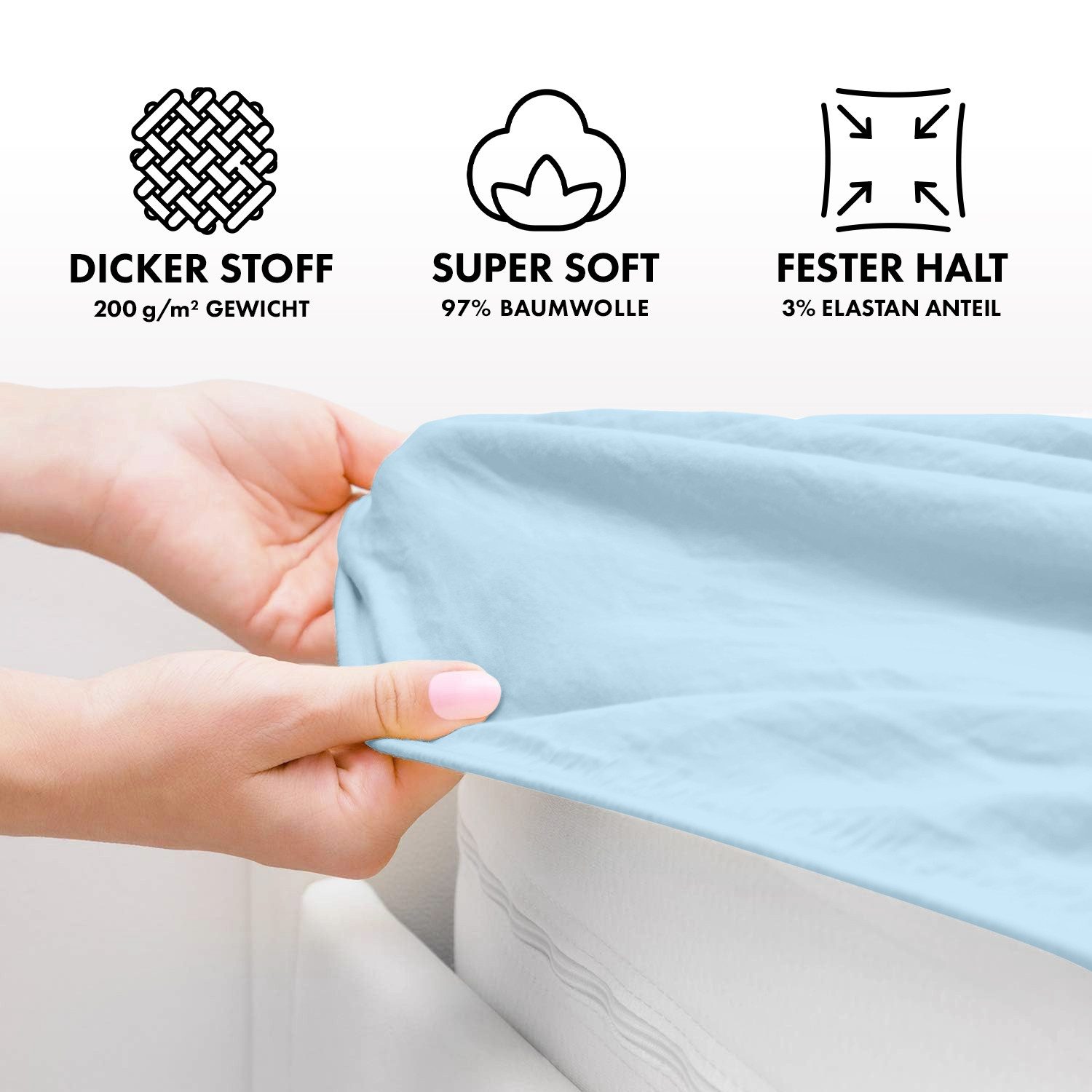 Jacobson Spannbettlaken PREMIUM 200 g/m² Jersey aus 97% Baumwolle & 3% Elasthan, Extra dichtes Bettlaken mit maximalem Halt – Bild 3 von 5