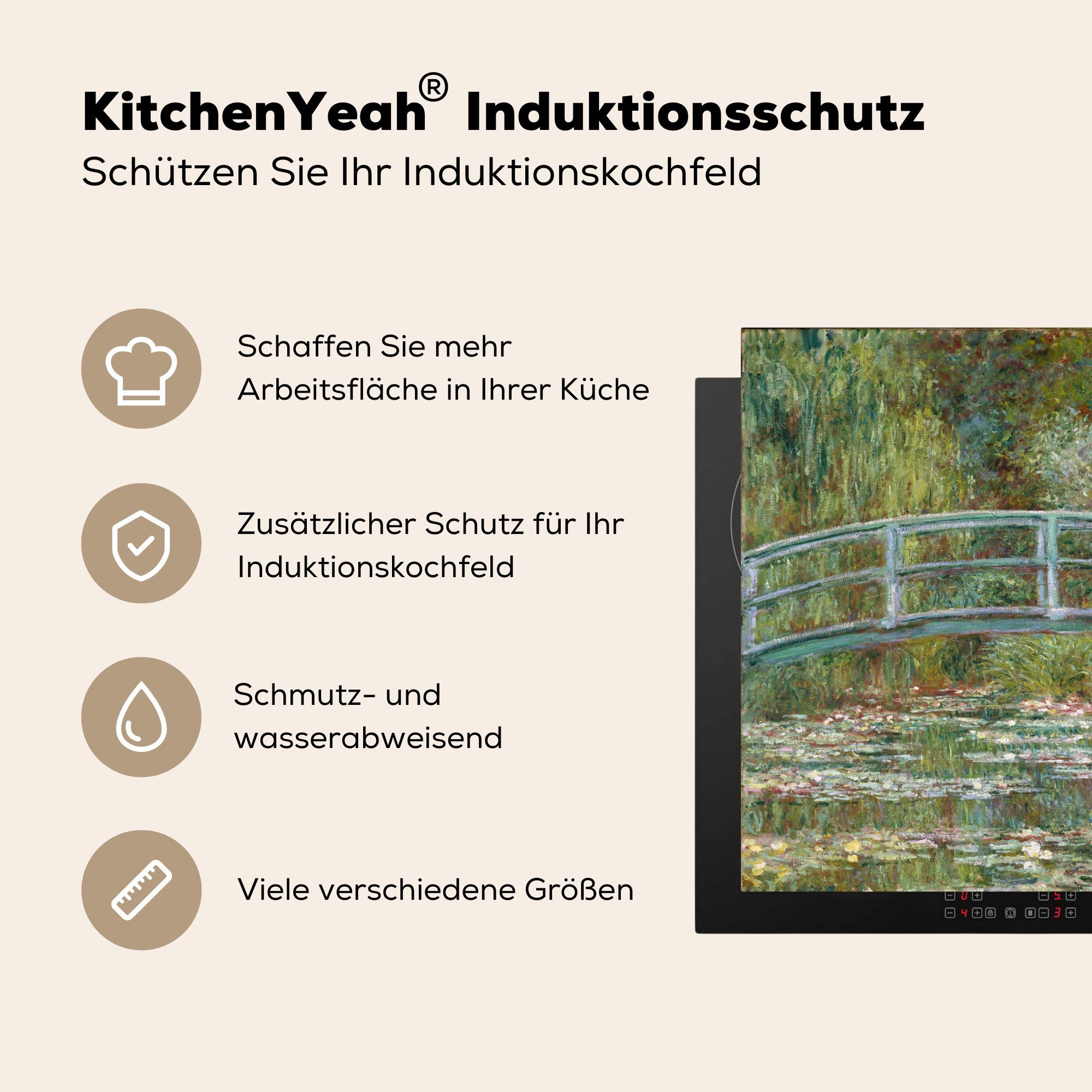 Seerosen Die (1 Ceranfeldabdeckung, die Vinyl, Monet, für Brücke Claude cm, - und 78x78 Arbeitsplatte küche MuchoWow tlg), japanische Herdblende-/Abdeckplatte
