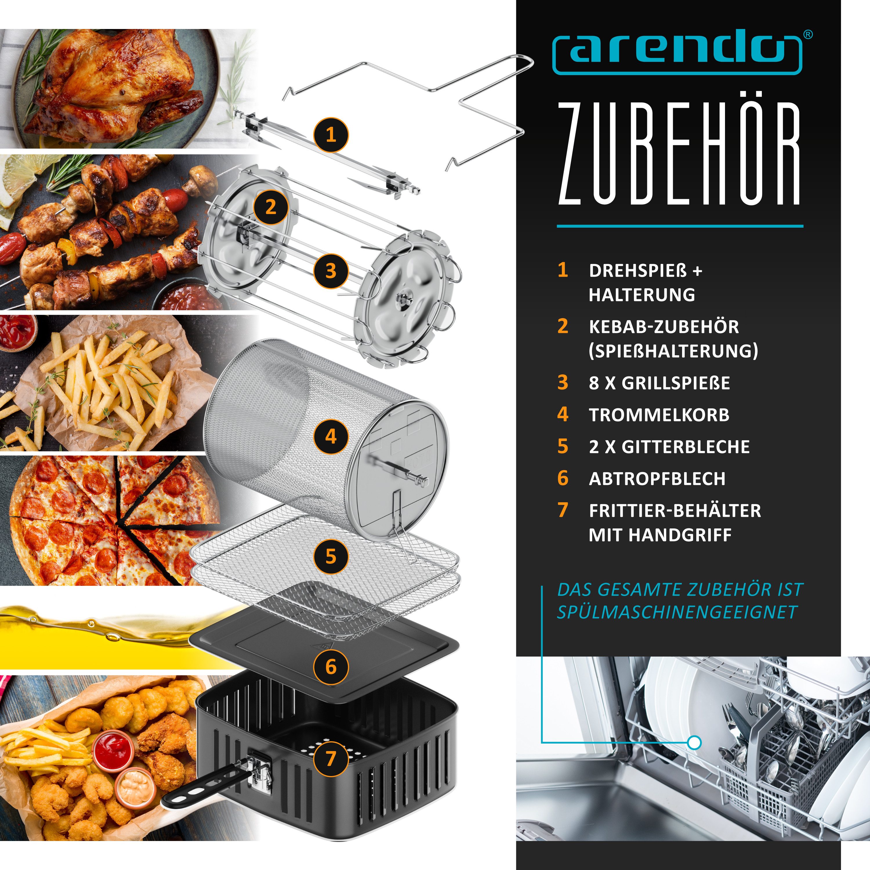Arendo Heißluftfritteuse mit Zubehör, Airfryer 12L, 3in1 Edelstahl Heissluftfritteuse XXL, 1800 W, Mini Backofen, Grill, Dörrautomat, Fritteuse ohne Öl, Umluft Drehgrill