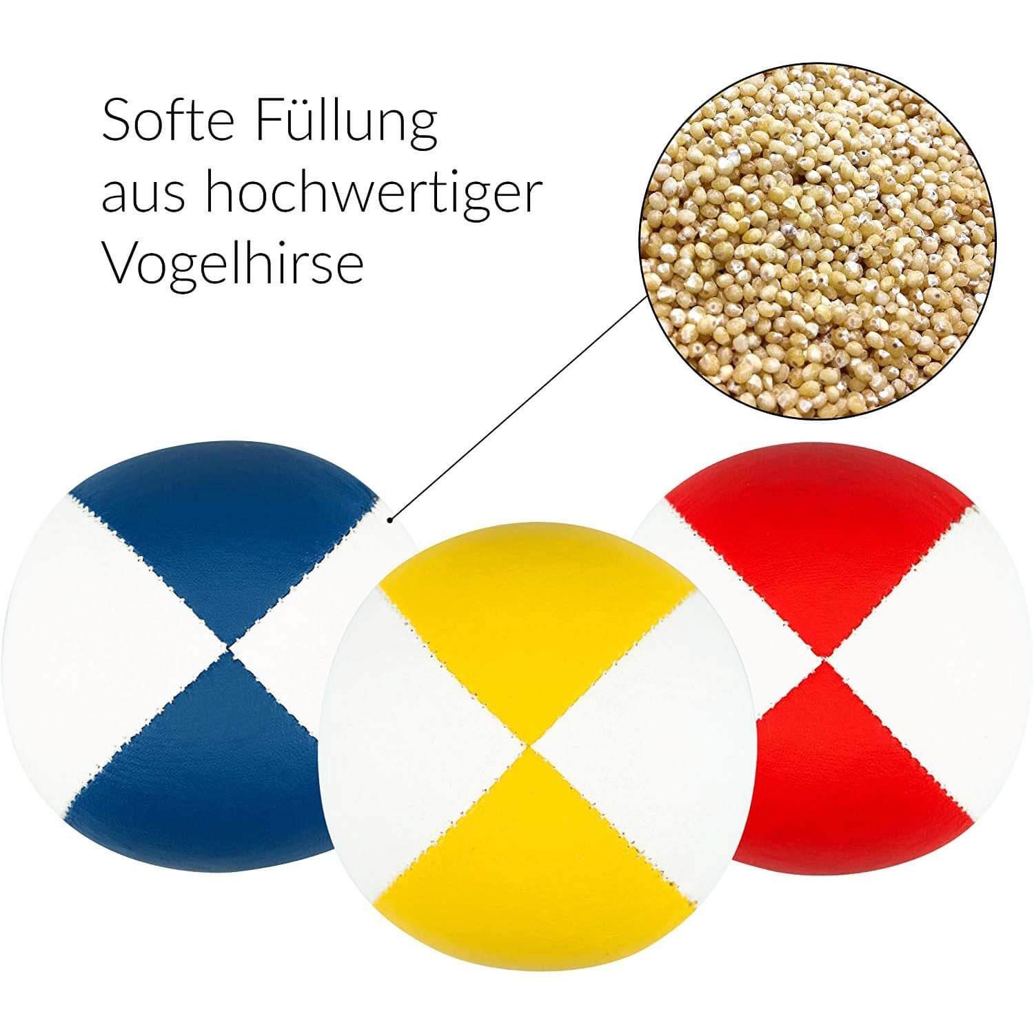 Diabolo Freizeitsport Jonglierball 3er & 5er Set, Jonglierbälle vierfarbig und zweifarbig (Balljonglage Set Zweifarbig - Weiche Lernbälle für Einsteiger, 3-St., Koordinationsbälle 3 Stück - Softbälle zum Jonglieren Lernen), 3er Juggling Balls 67 mm, 115g - Anfänger Training mit Vogelhirse