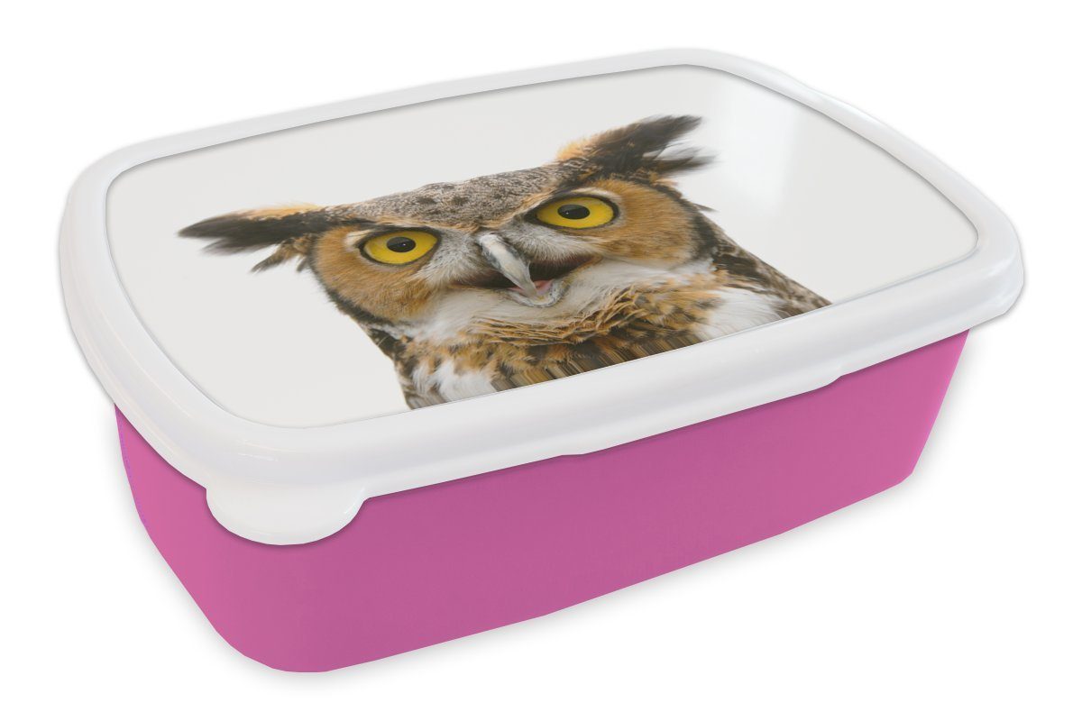 MuchoWow Brotdose für Lunchbox - Kunststoff, Kunststoff Mädchen, (2-tlg), Snackbox, Erwachsene, Kinder, Eule Porträt, rosa Brotbox - Vogel