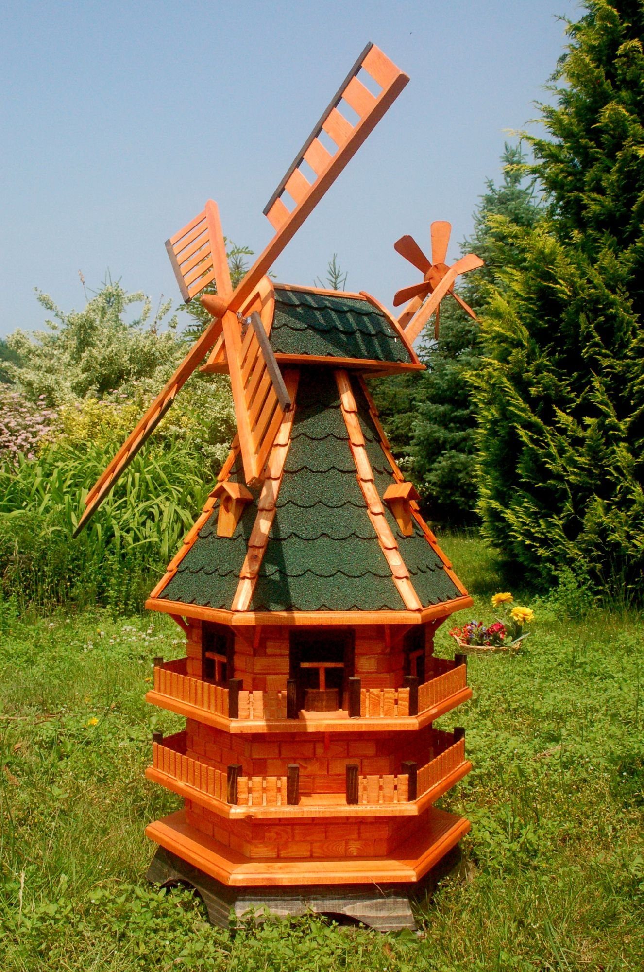 DSH DEKO SHOP HANNUSCH Gartenfigur XL Windmühle mit Solar-Beleuchtung - 1,5 Meter Höhe Braun - Grün