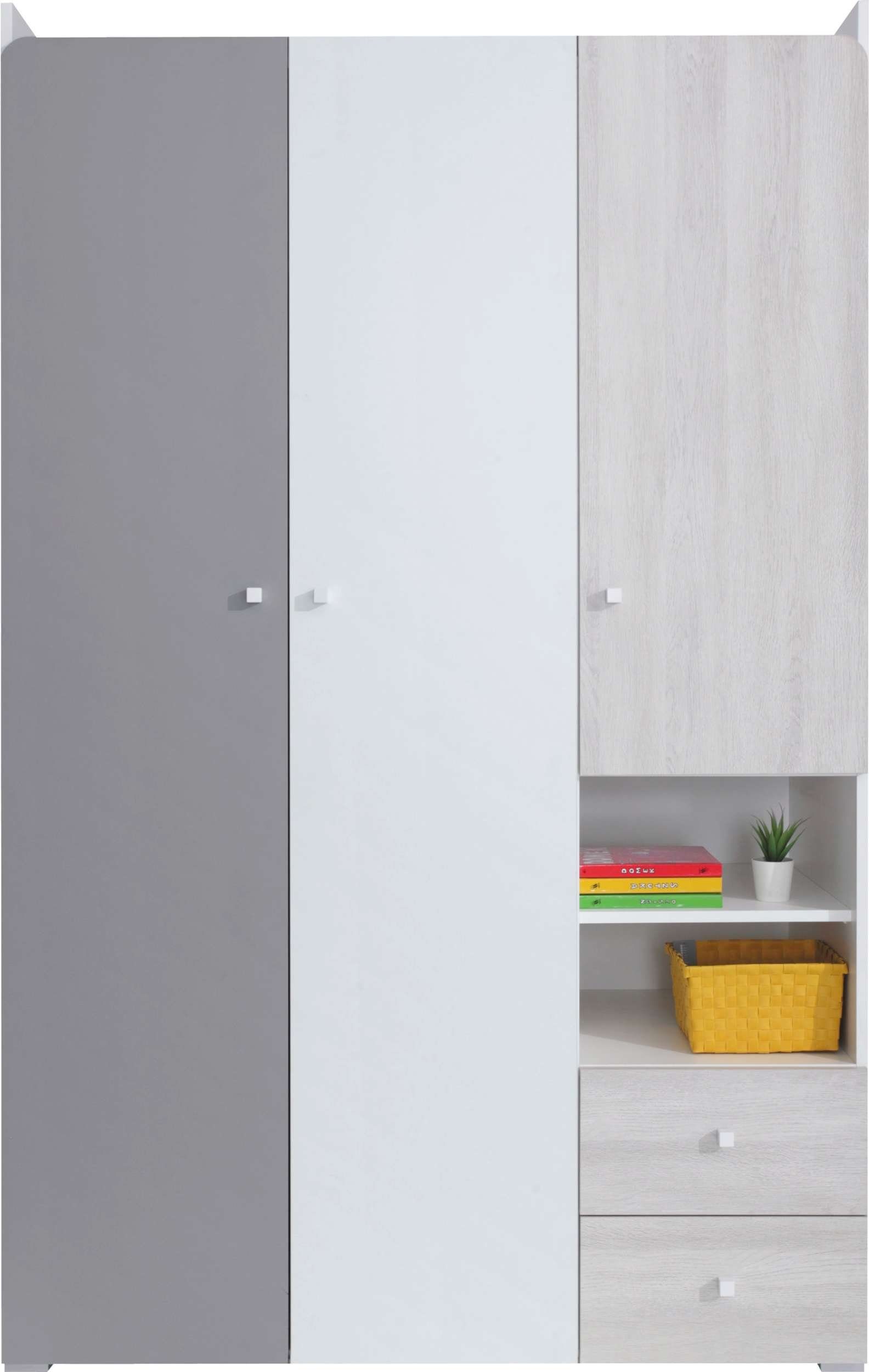 Stylefy Kinderkleiderschrank Rono Weiß Hochglanz Eiche Wilton Weiss Grau  (Kinderschrank, Mehrzweckschrank) mit 6 Fächern und Schubladen, Spanplatte,  viel Stauraum, FSC-Zertifizierung, Modern Design