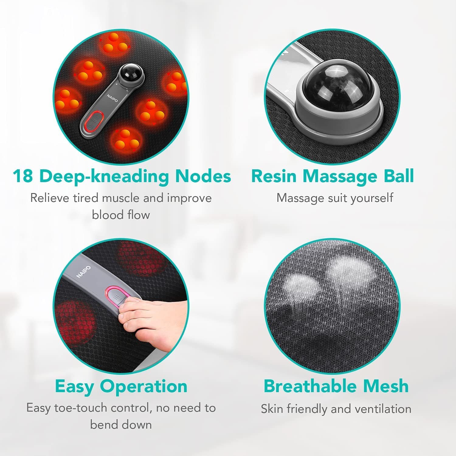 NAIPO Fußmassagegerät, Shiatsu Massagegerät, Wärmefunktion, 18 Massageknoten