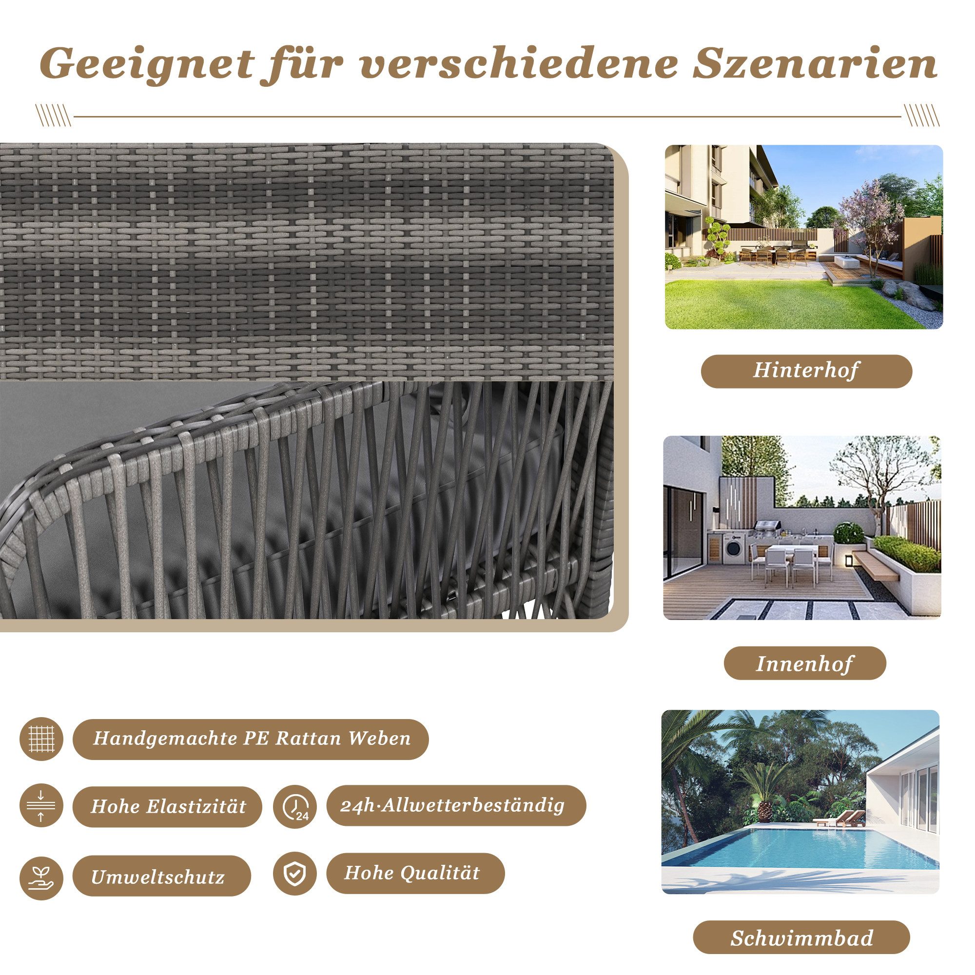 Celya Hollywoodschaukel Hollywoodschaukeln 2 sitzer, Gartenmöbel Set mit Sitzkissen, 2-Sitzer, Graues Rattan, graues Sitzkissen, 2 Sitze, mit Sitzkissen und Rückenkissen, abnehmbar und waschbar, Gartenschaukel, Gartenmöbel-Set für den Außenbereich