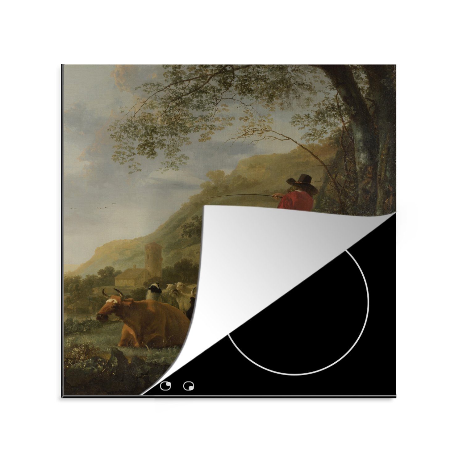 MuchoWow Herdblende-/Abdeckplatte Flusslandschaft mit Reitern - Aelbert Cuyp, Vinyl, (1 tlg), 78x78 cm, Ceranfeldabdeckung, Arbeitsplatte für küche