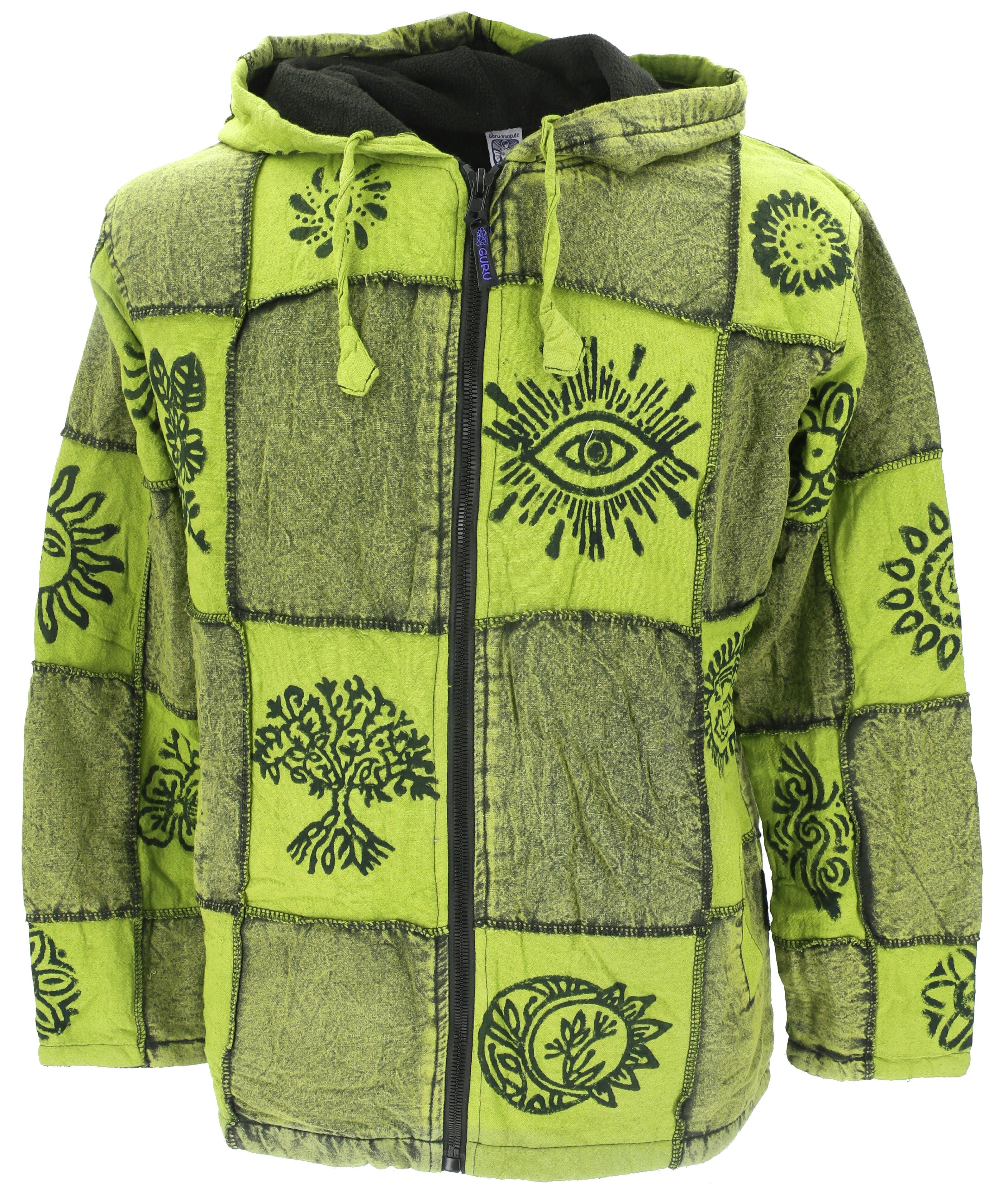 Guru-Shop Strickjacke Goa Jacke, Patchwork Sweatshirt Jacke - grün Hippie, Ethno Style, alternative Bekleidung