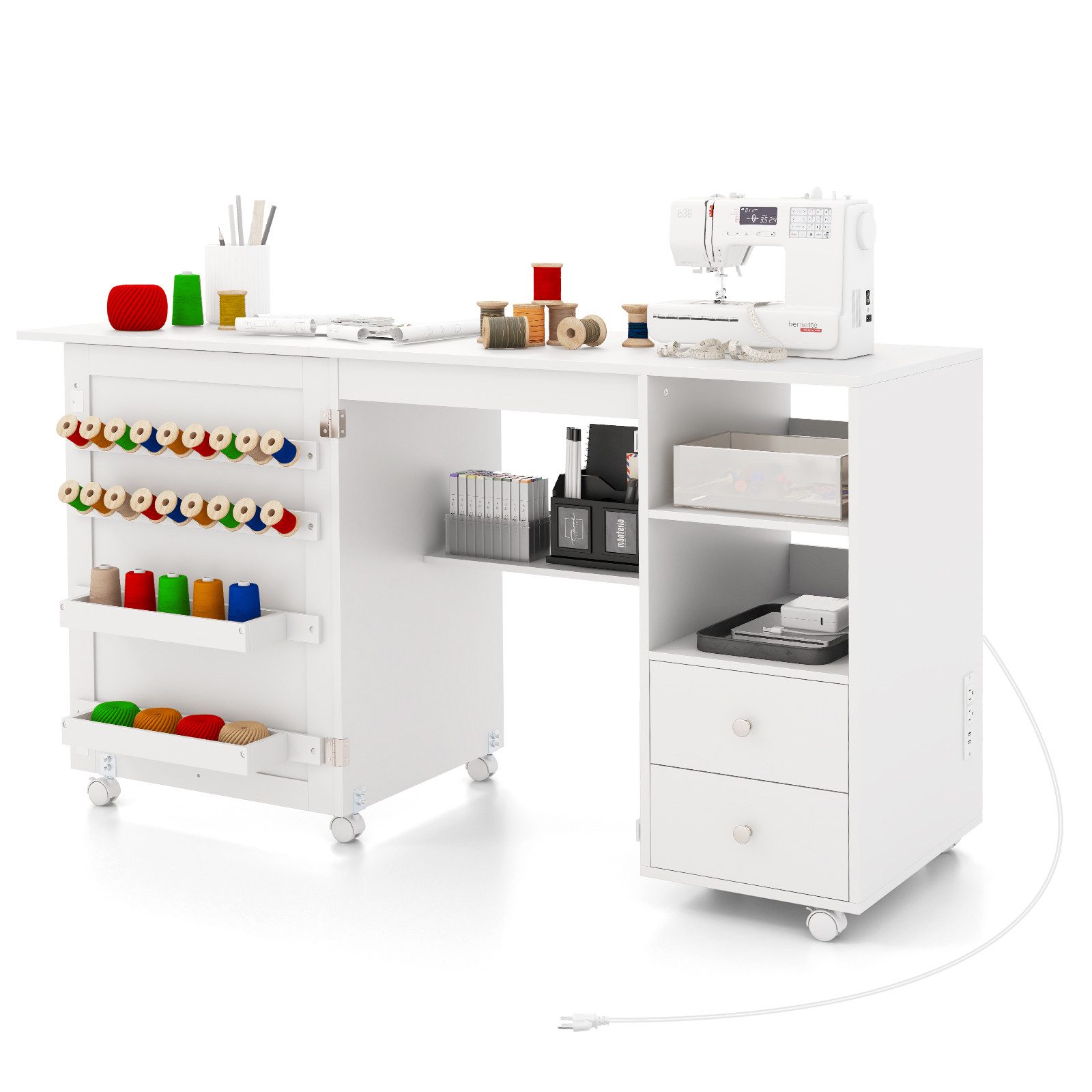 COSTWAY Schreibtisch, Nähtisch mit Ladestation, auf Rollen, Klapptisch mit Stauraum