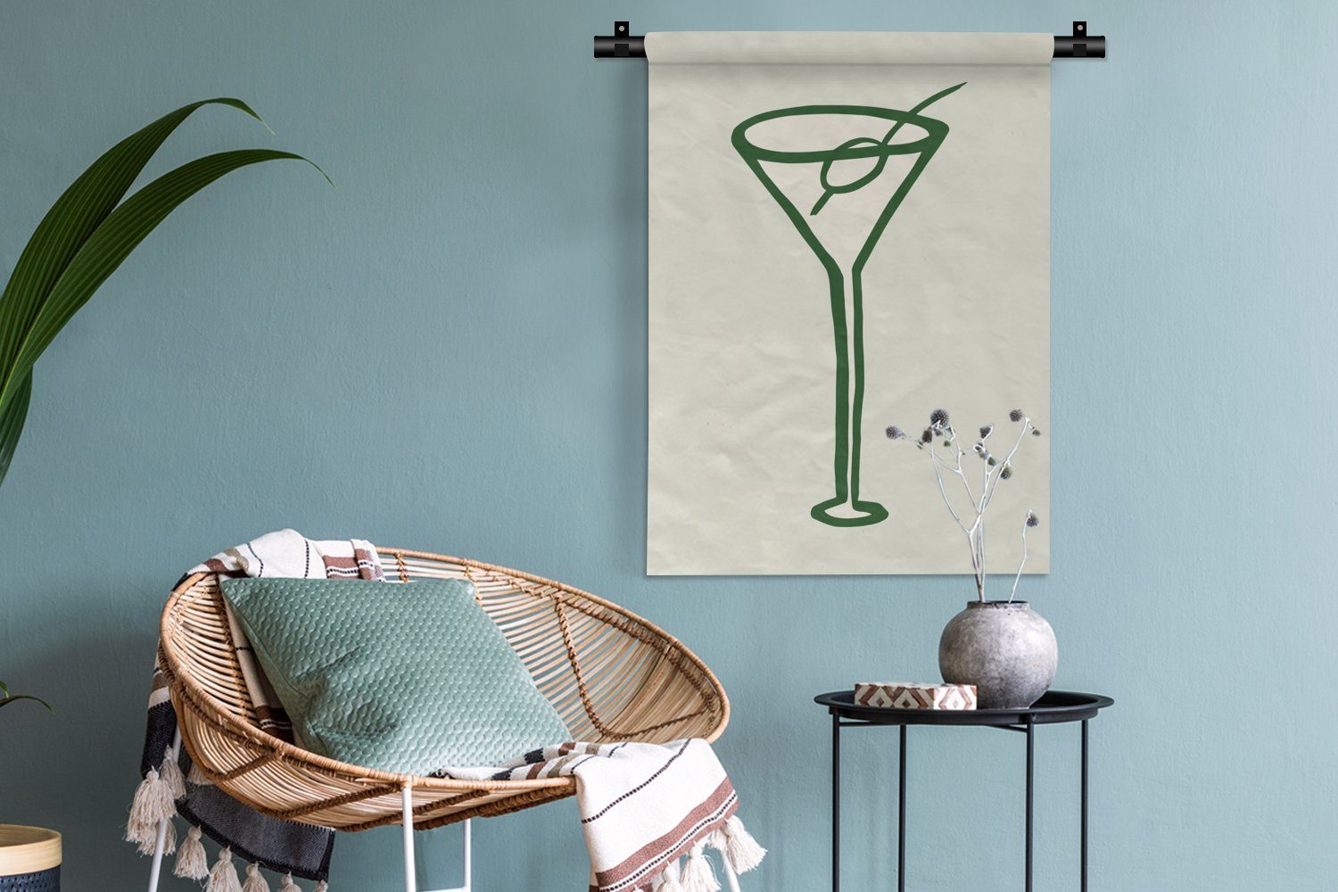 MuchoWow Wanddekoobjekt Cocktail - für - Deko Schlafzimmer der Tapisserie, - Grün, Glas Wand, an Wohnzimmer, Strohhalm
