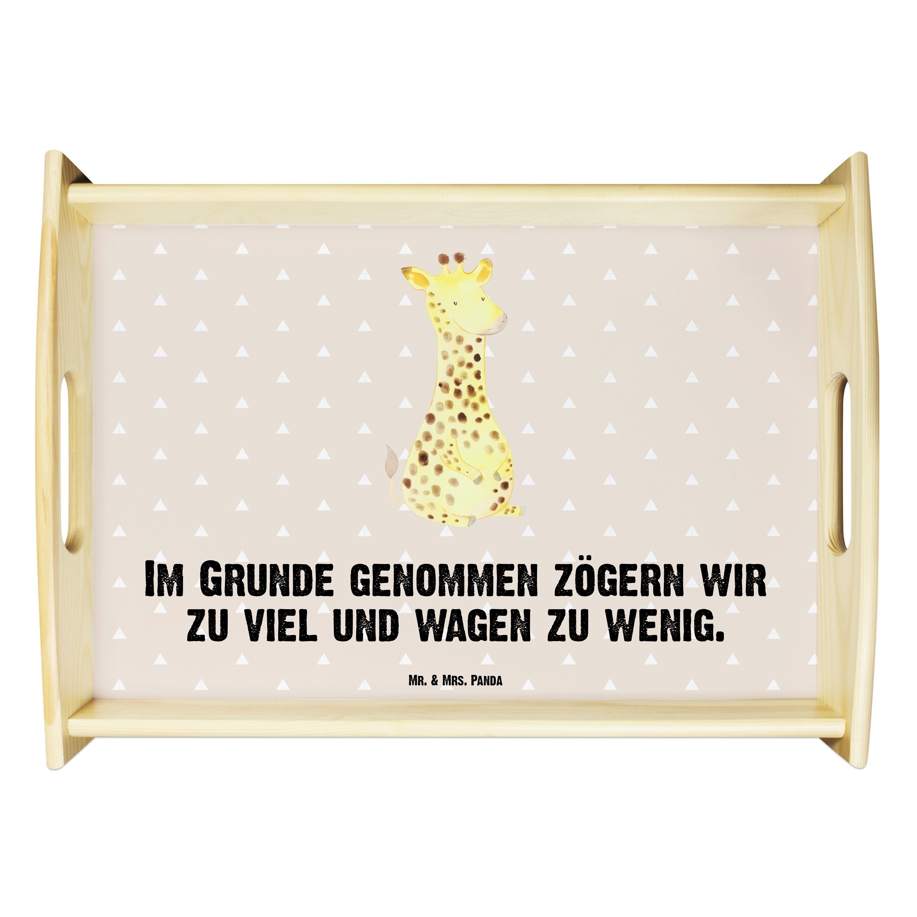 Dekotablet, Zufrieden Giraffe Mr. Panda Sandig Glück, Echtholz Geschenk, - Holztablett, (1-tlg) lasiert, Mrs. Tablett & -