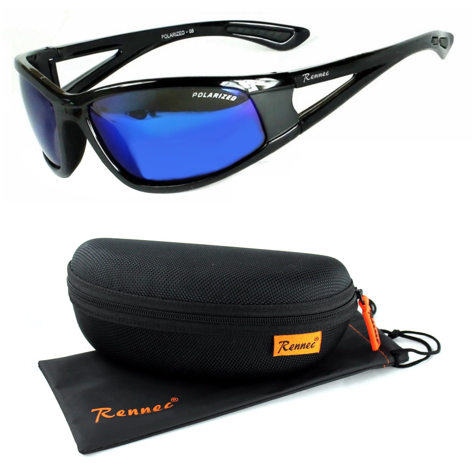 Rennec Sonnenbrille (Sportbrille Herren Angelbrille Polbrille Leichtgewicht mit Hardcase) Sport Sonnenbrille Polarisiert Schwarz Getönt oder Farbig Verspiegelt