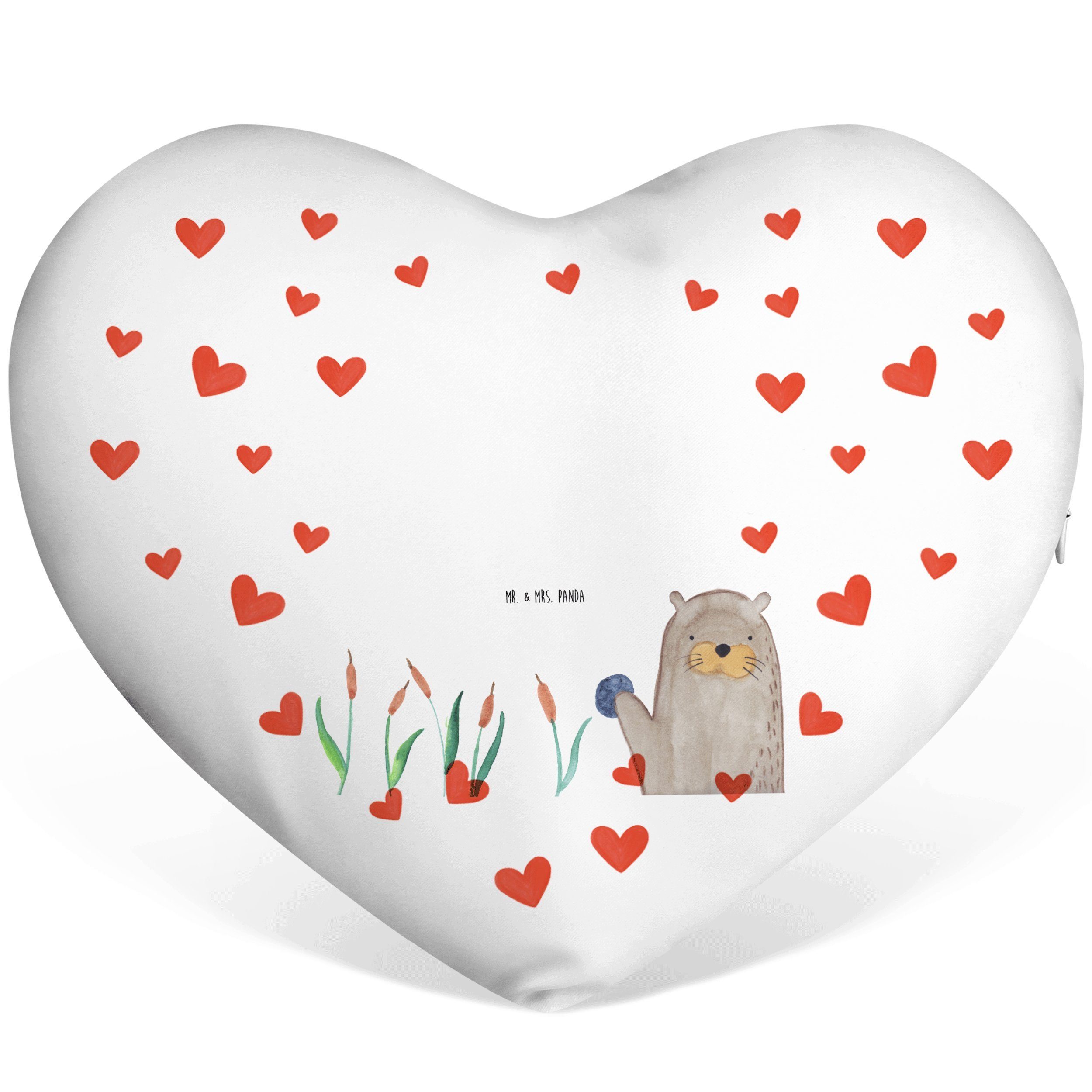 Mr. & Mrs. Panda Dekokissen Otter mit Stein - Weiß - Geschenk, Herzform, Herzkissen, Dekokissen