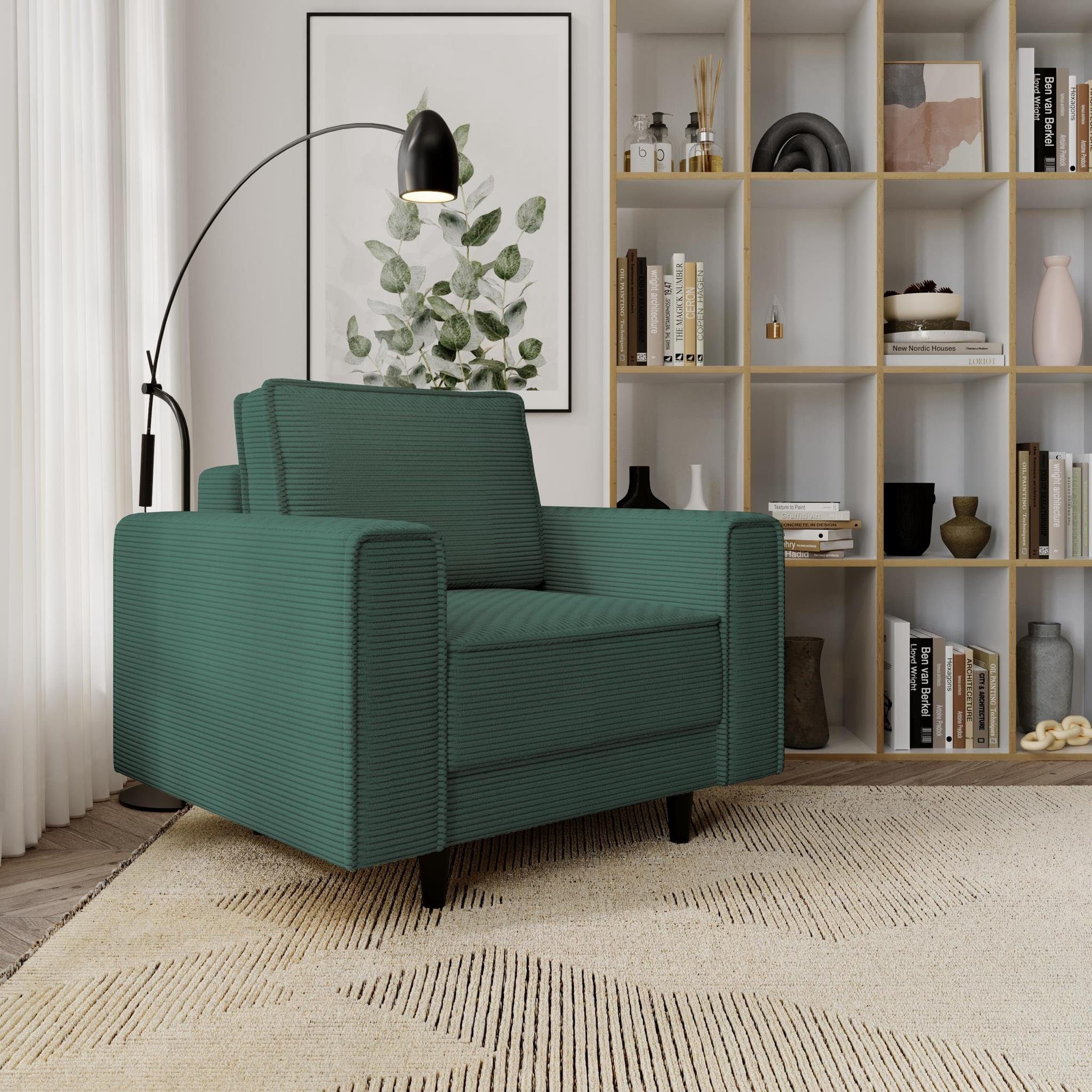Beautysofa Relaxsessel Monte (Grün Sessel aus Cordstoff, 105x93 cm Polstersessel mit Holzbeine), Wellenunterfederung Grün (poso 14)