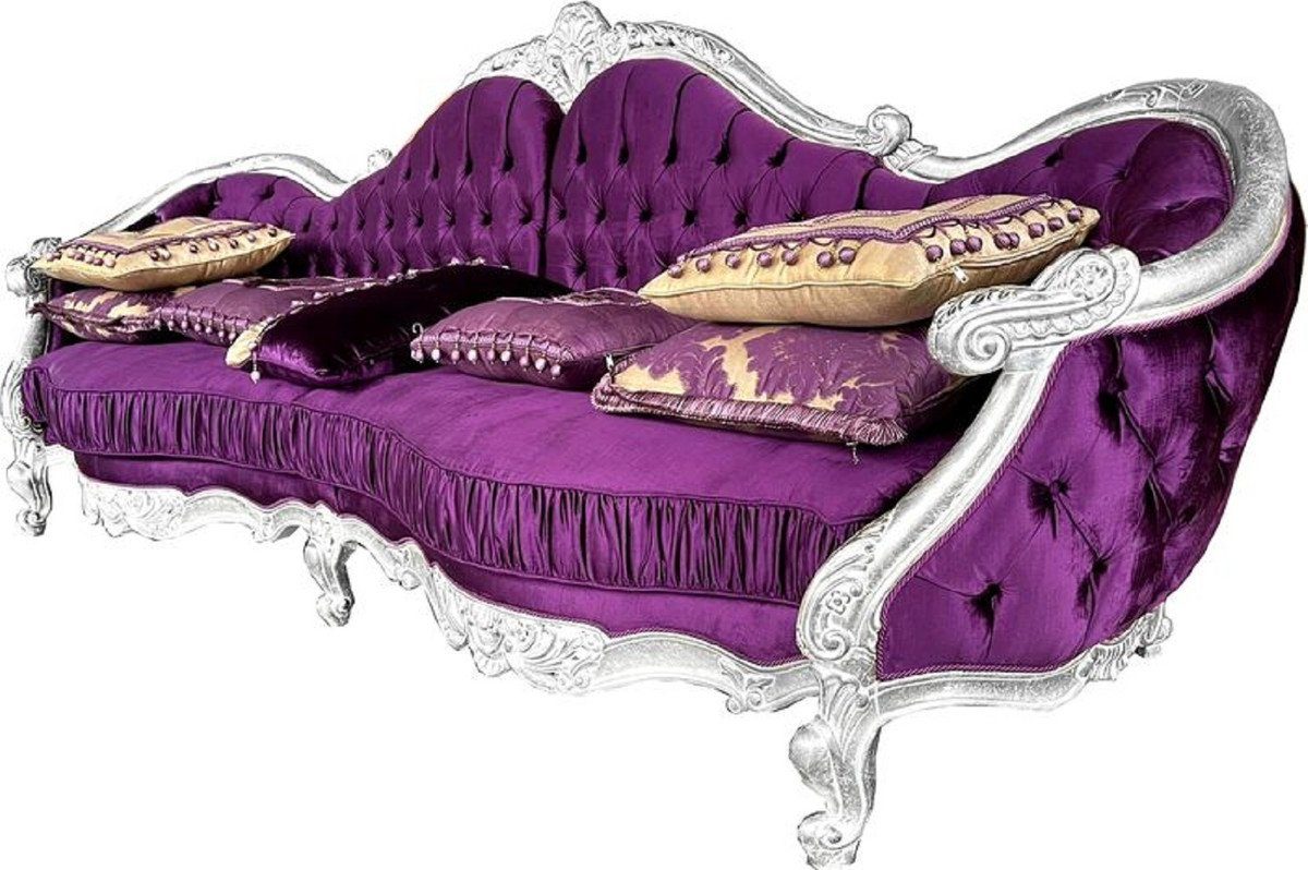 Luxus Lila Sofa Casa - - Barock Prunkvoll Satinstoff Barock / Padrino Wohnzimmer Sofa Sofa Möbel - mit & Edel edlem Silber Handgefertigtes