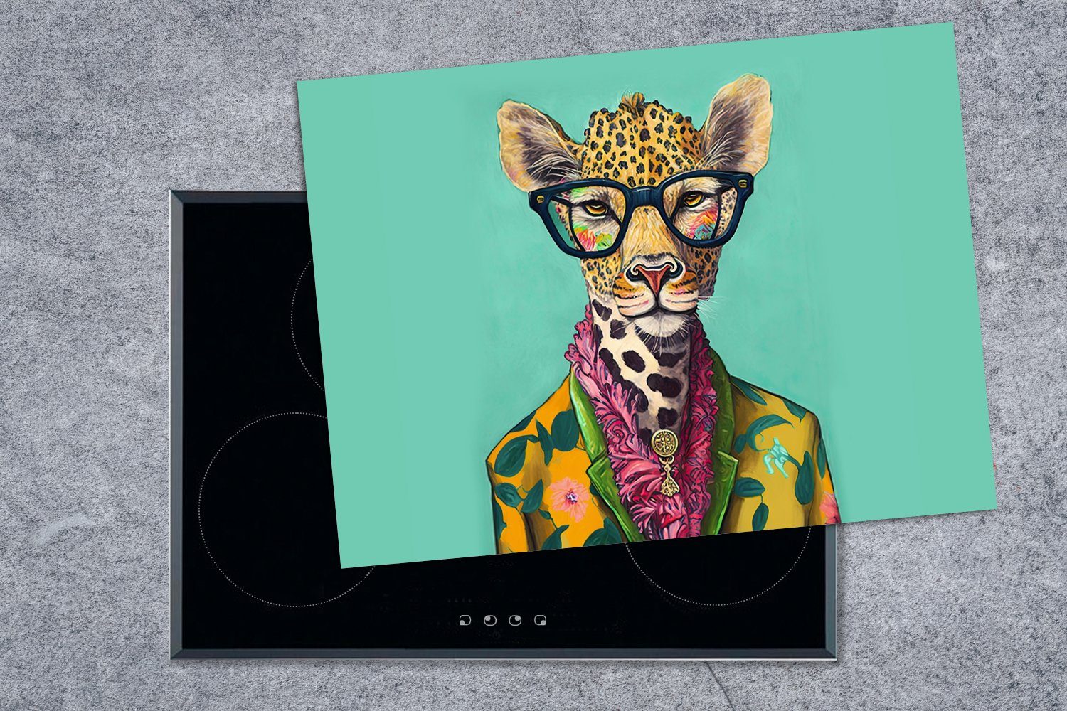 Giraffe nutzbar, - MuchoWow Blätter Mobile - Arbeitsfläche - tlg), cm, Brille Tiere (1 70x52 Ceranfeldabdeckung Design, Vinyl, - Herdblende-/Abdeckplatte