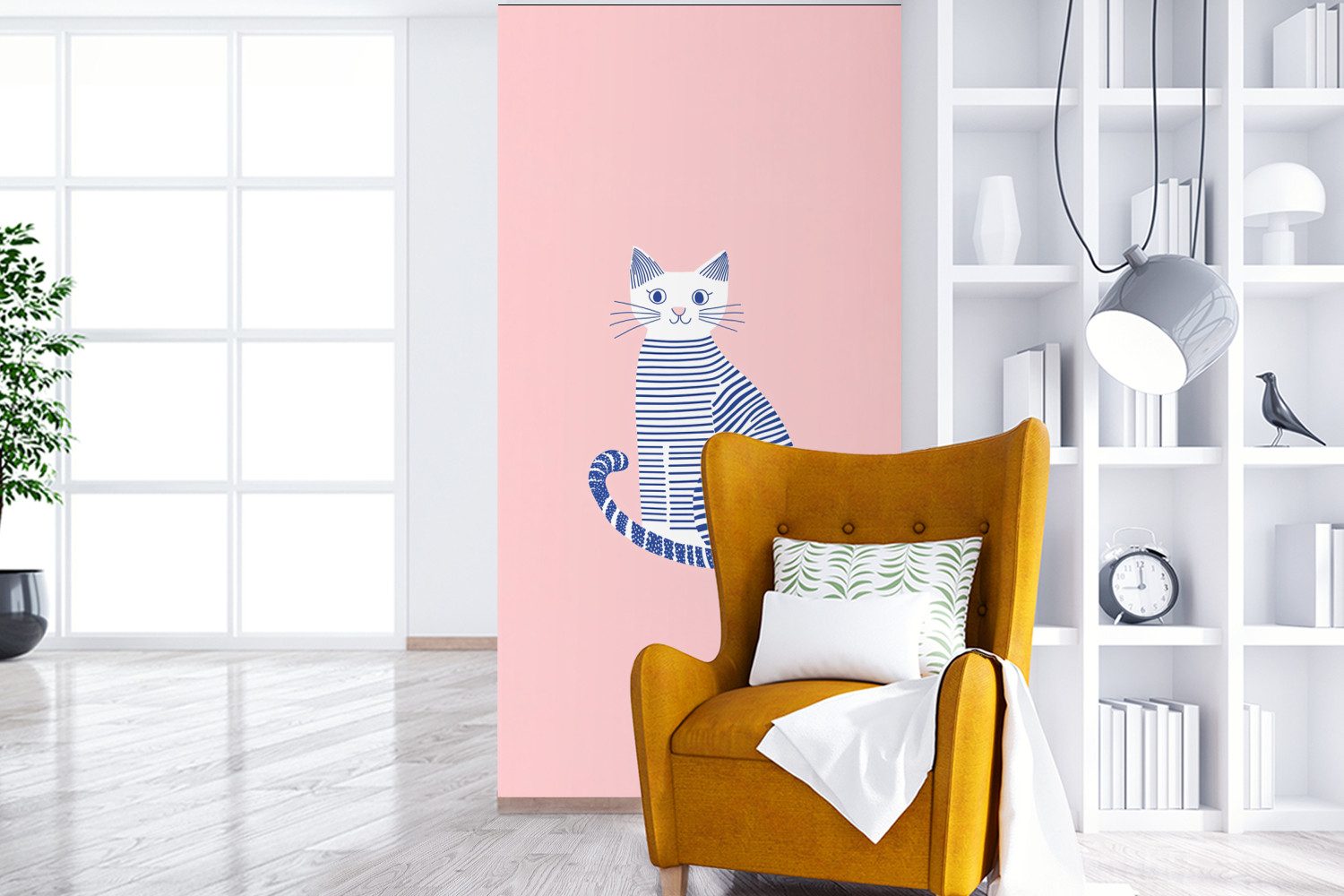 MuchoWow Fototapete Katze - Illustration - Minimalistisch - Rosa, Matt, bedruckt, Vliestapete für Wohnzimmer Schlafzimmer Küche, Fototapete, 120x240 cm