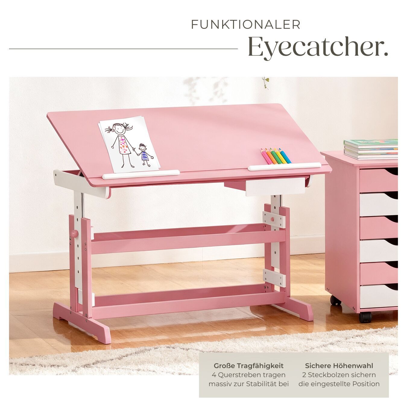 tectake Kinderschreibtisch Höhenverstellbarer Computertisch aus Holz, Maße 109 x 55 x 94 cm (Höhenverstellbarer Bürotisch, 1-St., in pink), neigbare Platte, 7-f – Bild 4 von 5