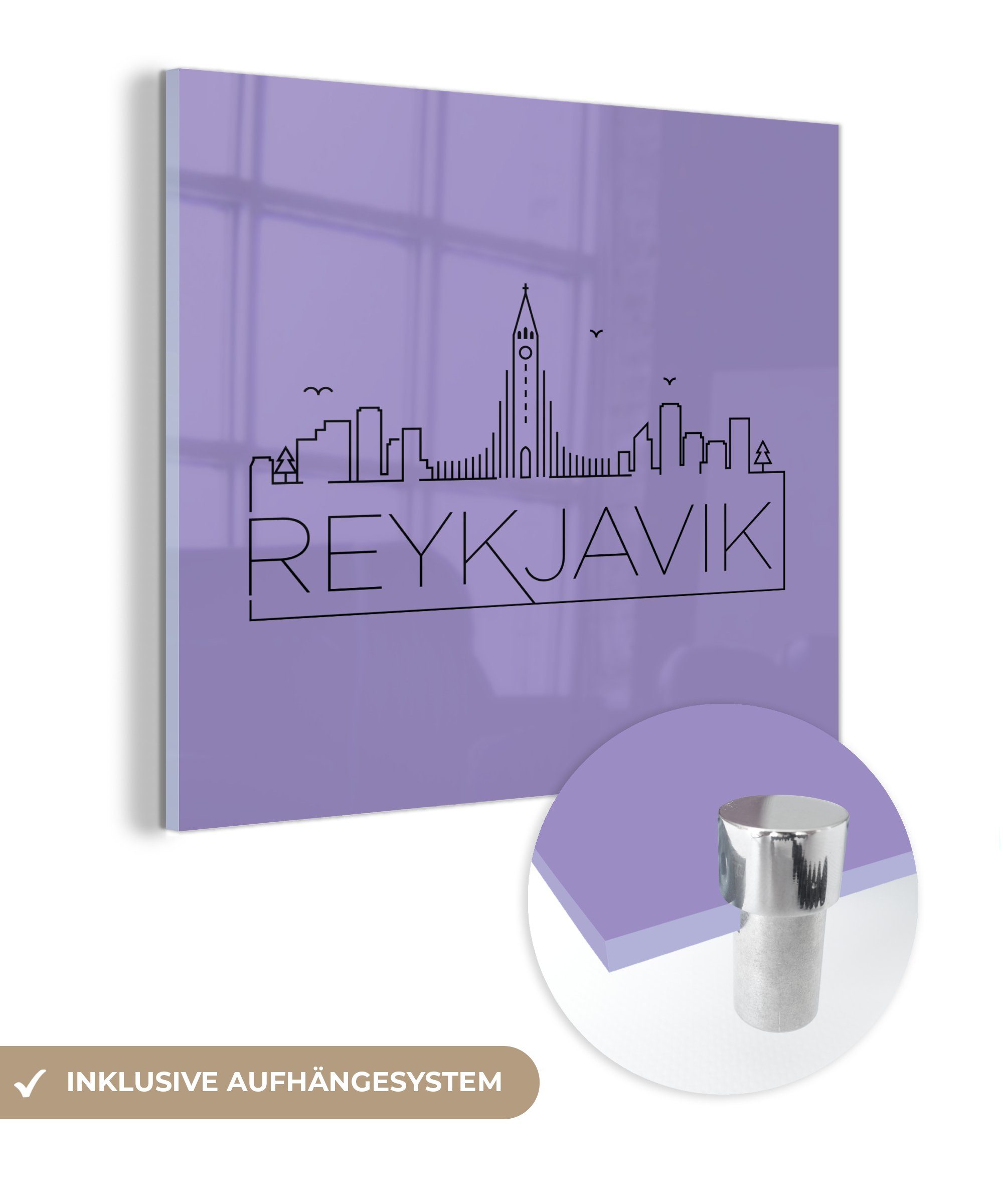 MuchoWow Acrylglasbild Stadtbild "Reykjavik" vor einem violetten Hintergrund, (1 St), Glasbilder - Bilder auf Glas Wandbild - Foto auf Glas - Wanddekoration