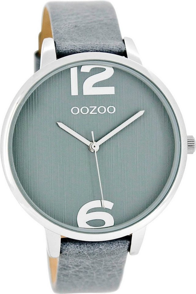 OOZOO Quarzuhr Oozoo Damen Armbanduhr grau Analog, Damenuhr rund, groß (ca.  42mm) Lederarmband, Fashion-Style, silberne Zeiger und Indizes