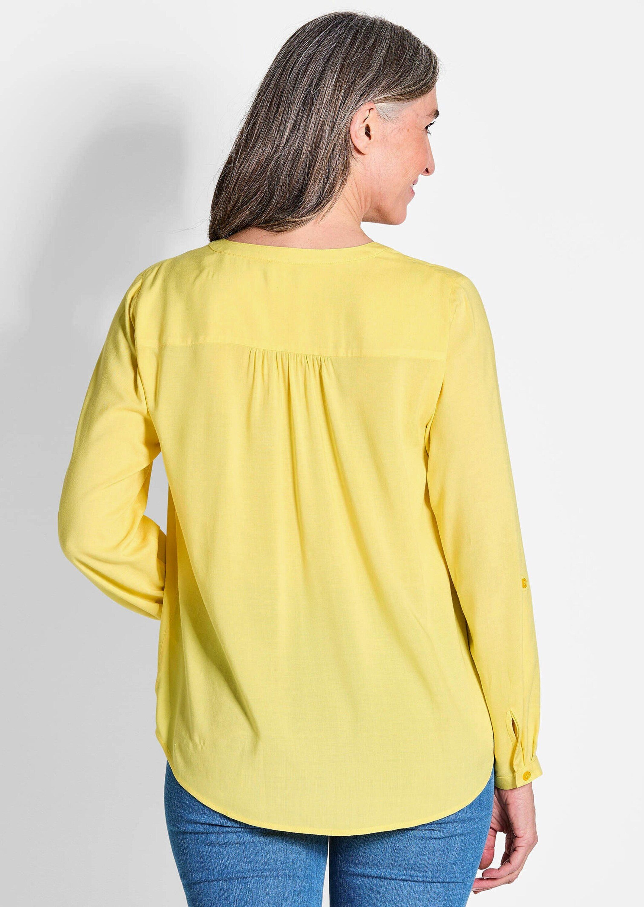 GOLDNER Schlupfbluse Kurzgröße: Elegante Viskosebluse mit V-Ausschnitt Luftige Bluse mit Fältchen, Knopfleiste und Langarm